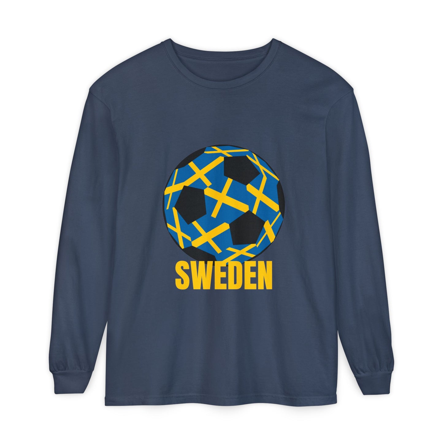 Sweden Fan Specialty Soccer Ball Design T Shirt  Long Sleeve Tee Gold Text