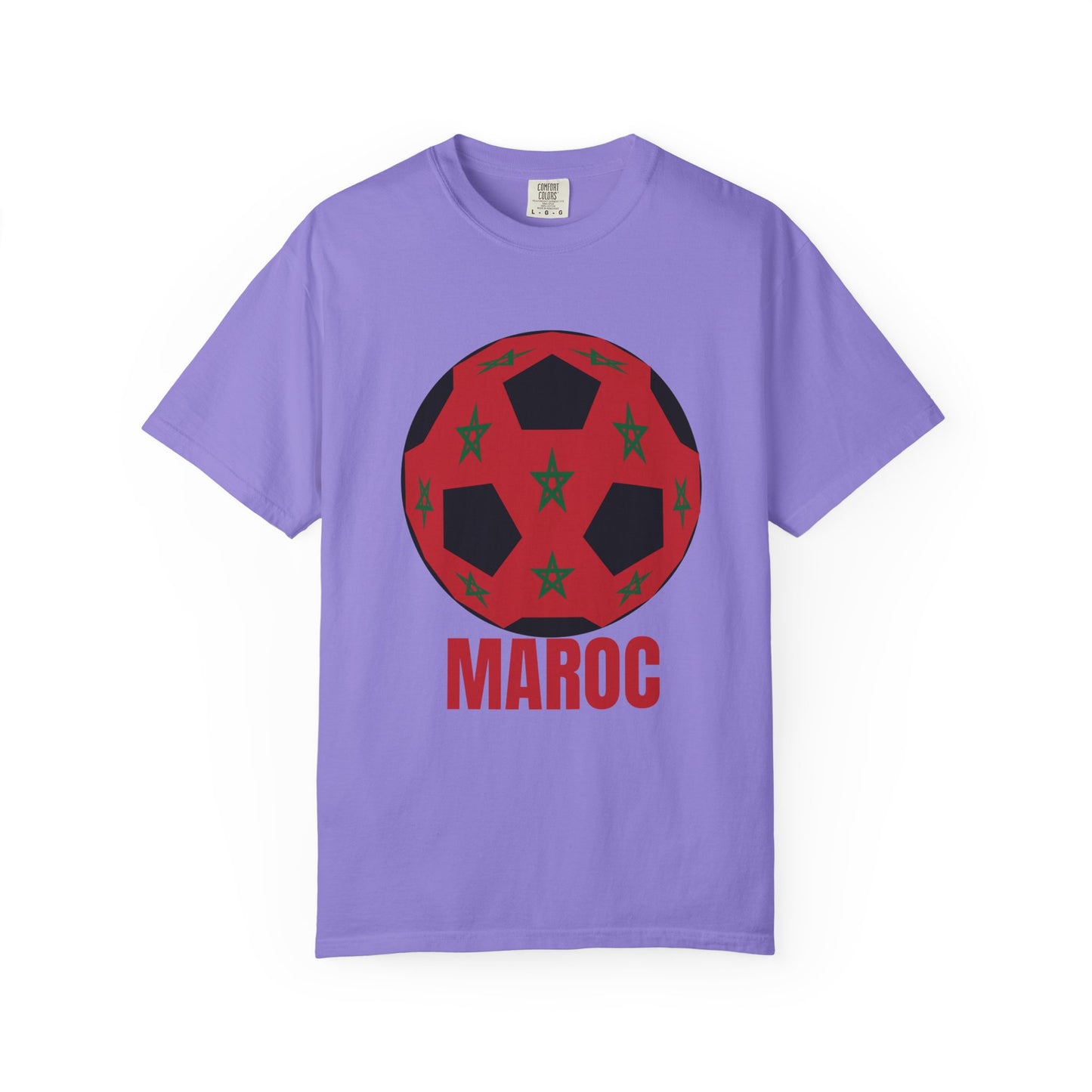 Morocco Maroc Fan Specialty Soccer Ball Design T Shirt Red Text