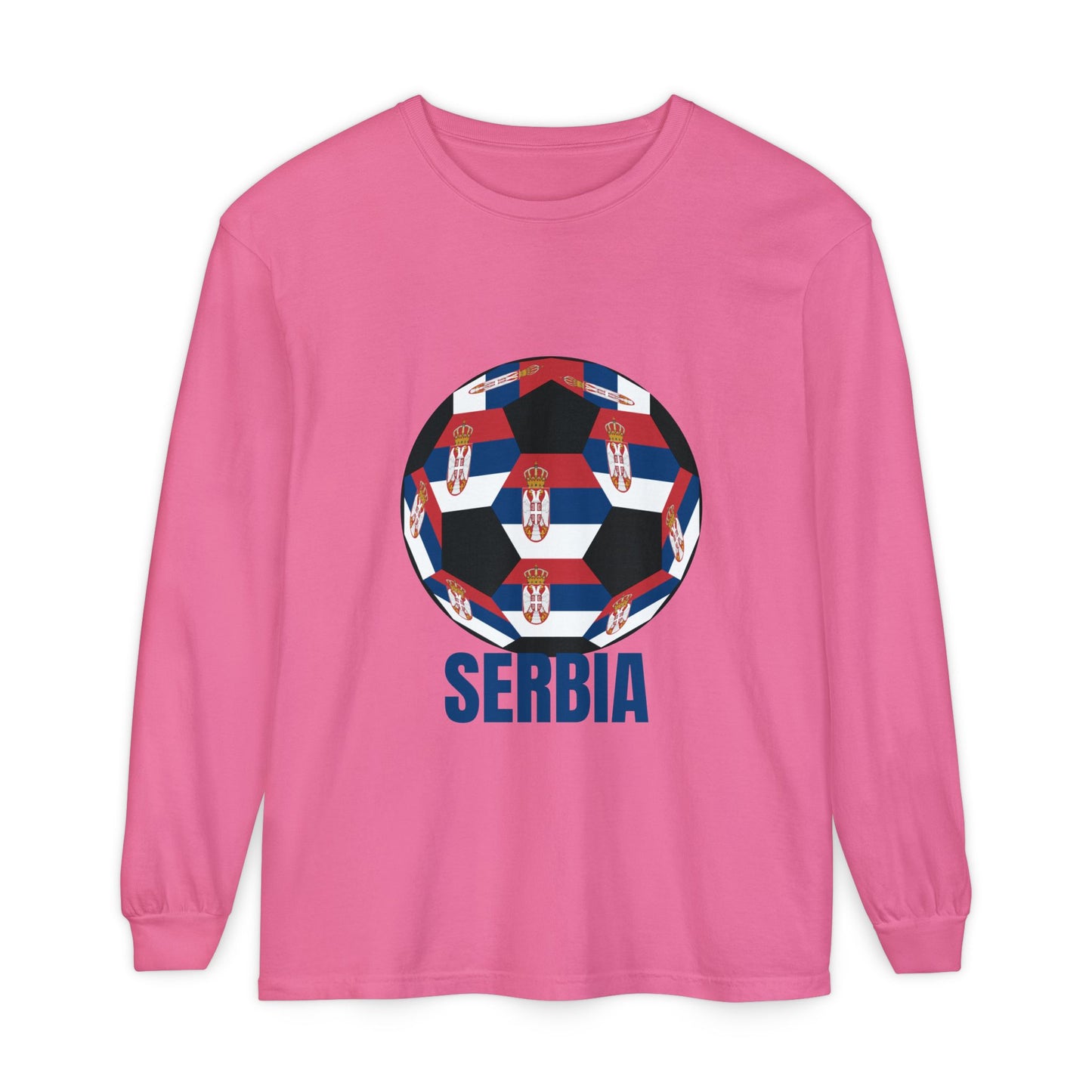 Serbia Fan Specialty Soccer Ball Design T Shirt Long Sleeve Shirt Blue Text