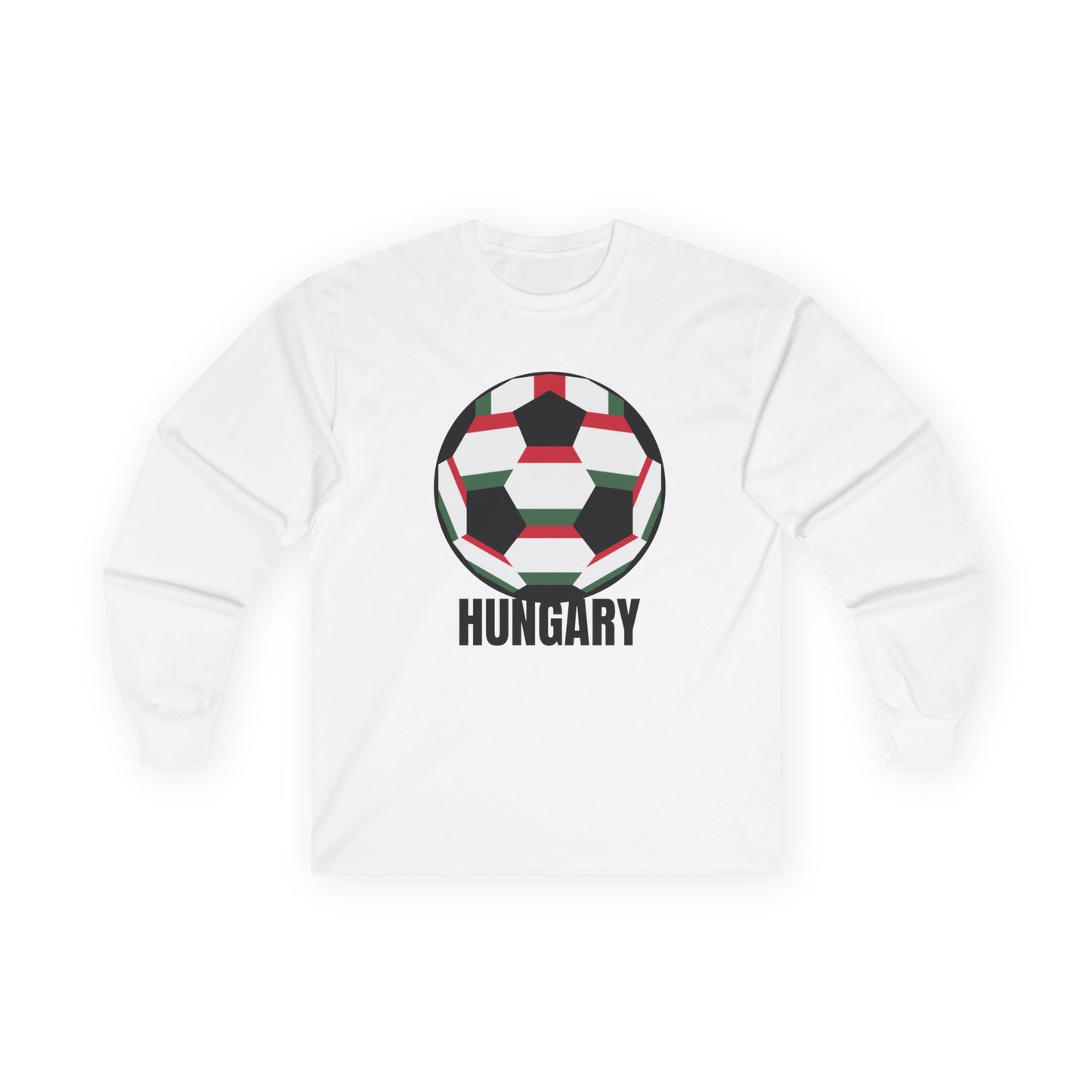 Hungary Fan Specialty Soccer Ball Design Long Sleeve T  Black Text