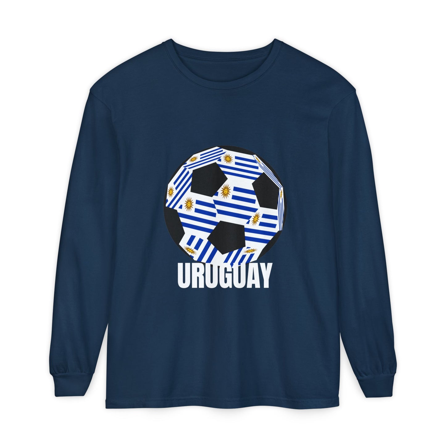 Uruguay Fan Specialty Soccer Ball Design Long Sleeve T‑Shirt White Text