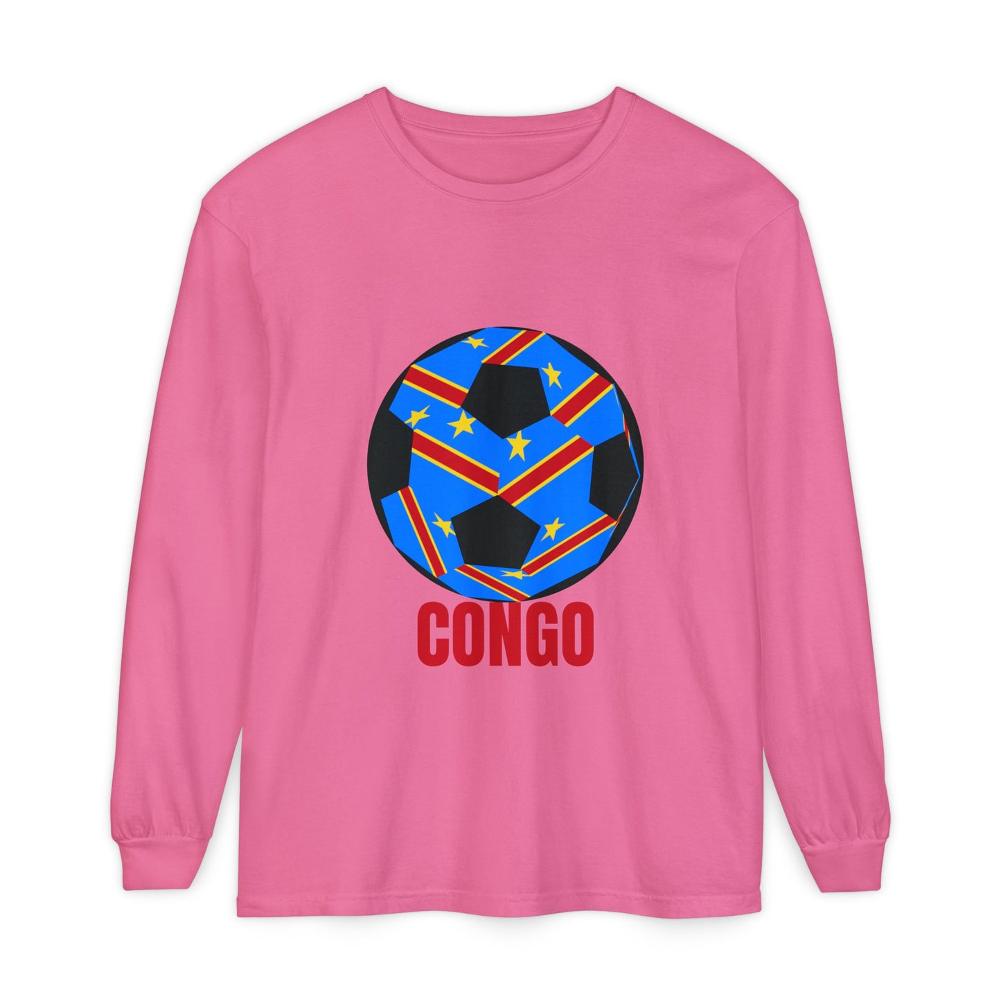 Congo Fan Specialty Soccer Ball Design T Shirt Long Sleeve Tee Red Text