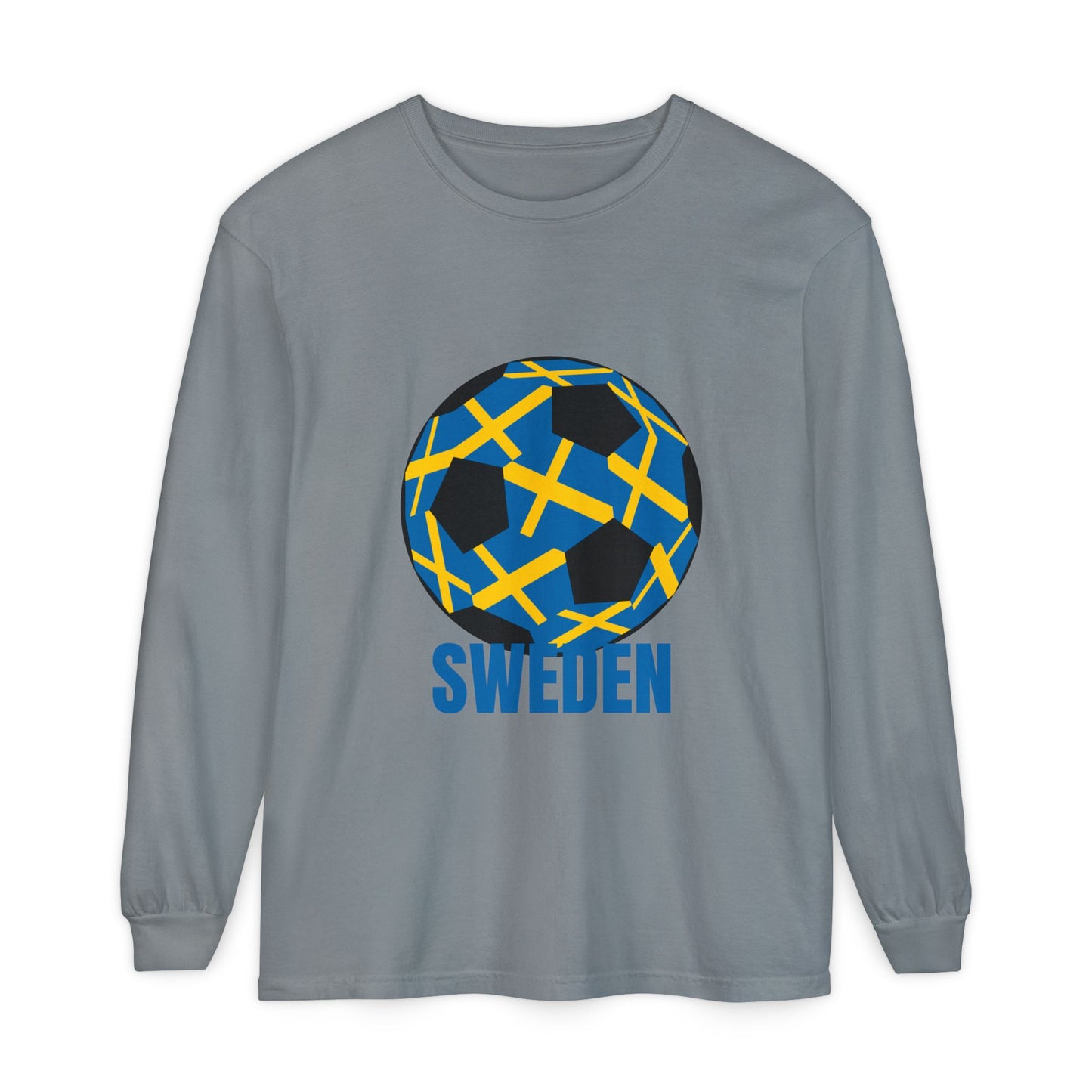 Sweden Fan Specialty Soccer Ball Design Long Sleeve Tee Blue Text