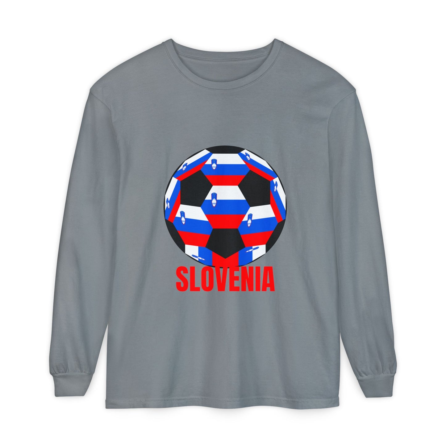 Slovenia Fan Specialty Soccer Ball Design Long Sleeve Shirt Red Text