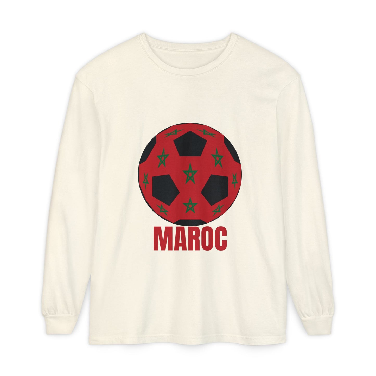 Morocco Maroc Fan Specialty Soccer Ball Design T Shirt Long Sleeve Tee Red Print