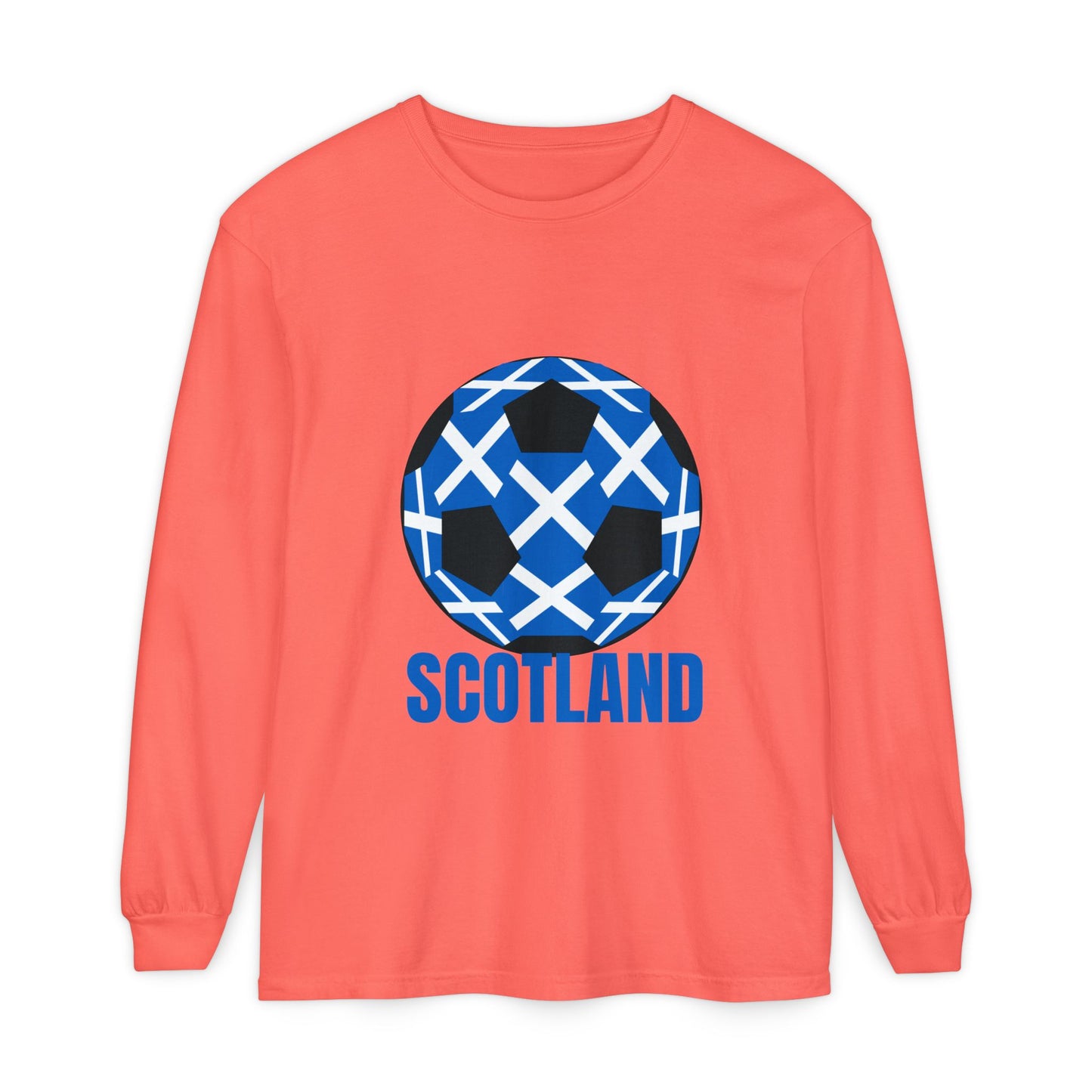 Scotland Fan Specialty Soccer Ball Design T Shirt Long Sleeve Tee Blue Text