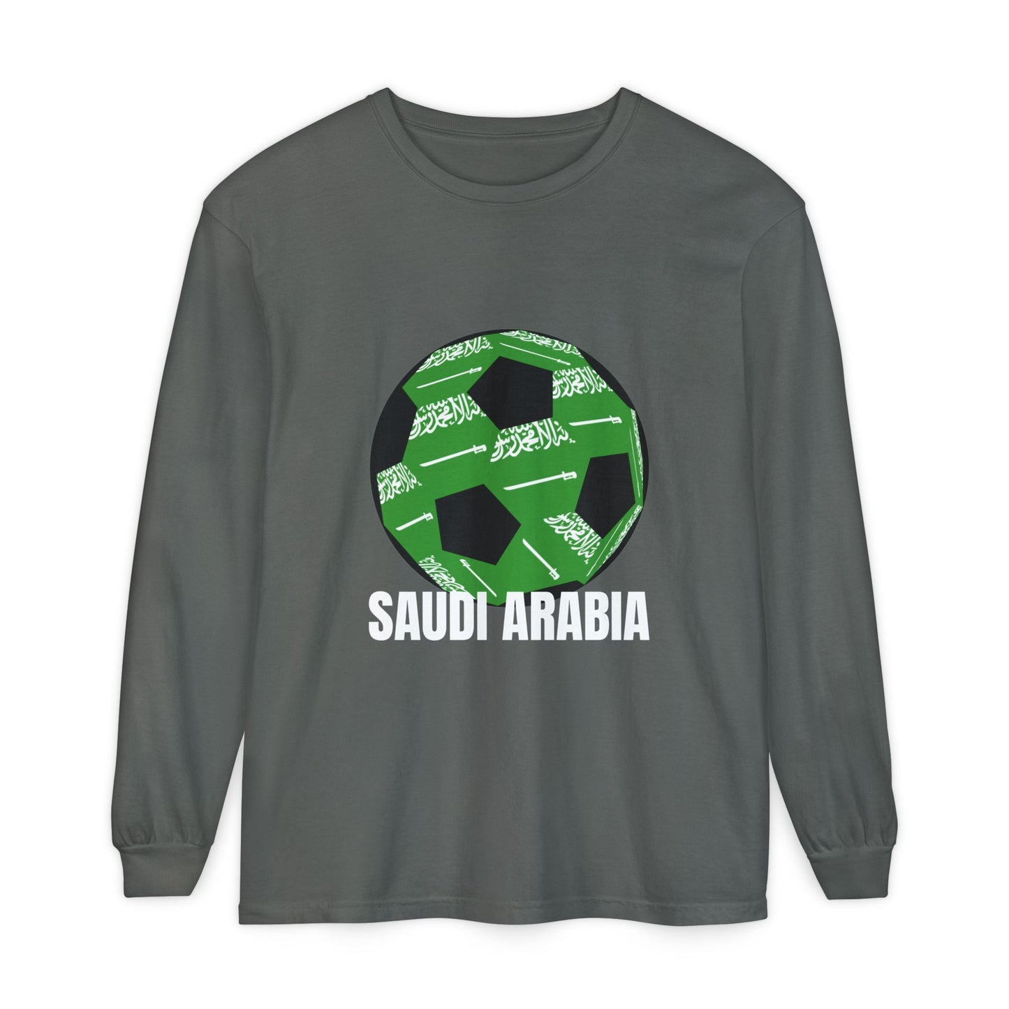 Saudi Arabia Fan Specialty Soccer Ball Design T Shirt Long Sleeve Tee White Text