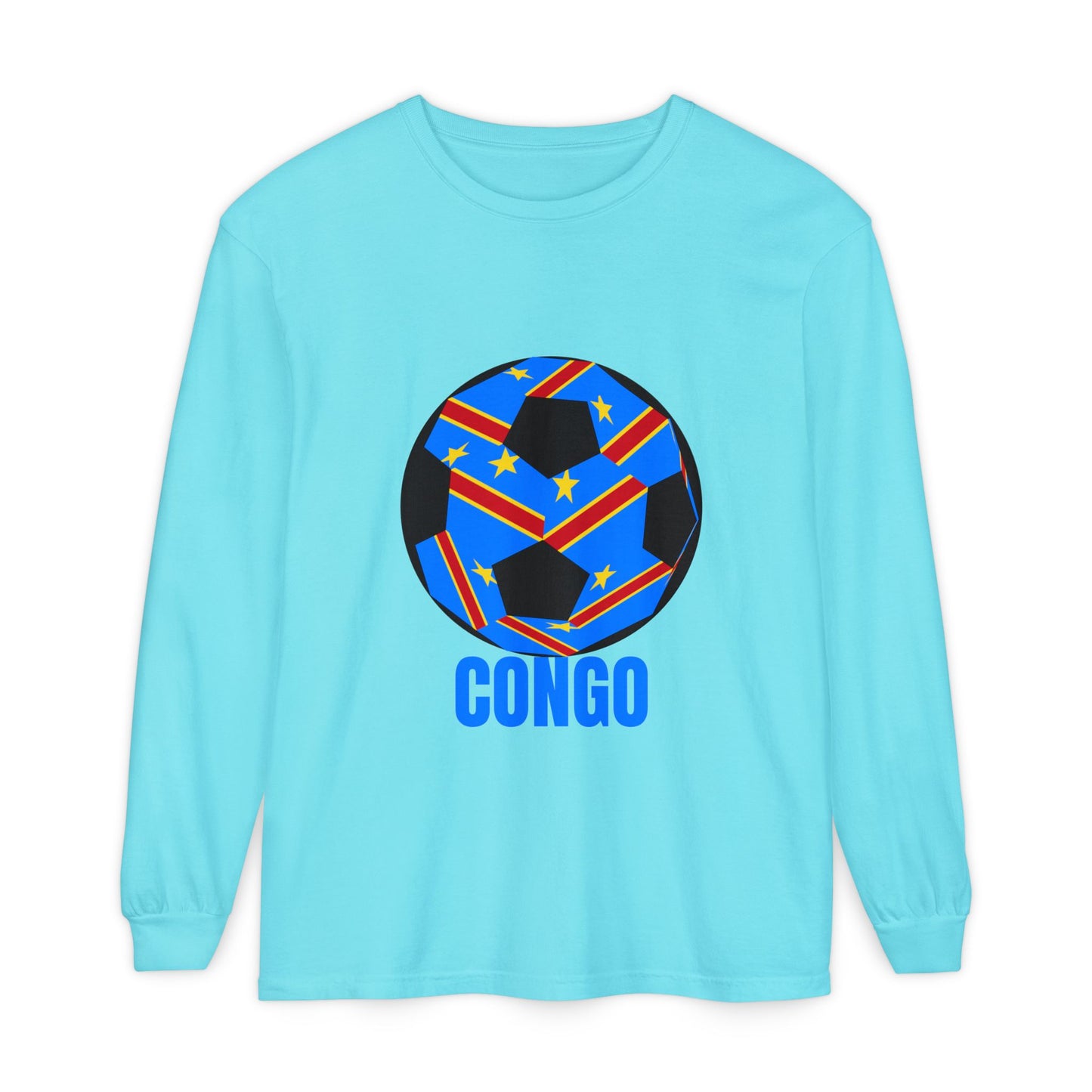 Congo Fan Specialty Soccer Ball Design T Shirt Long Sleeve Tee Blue Text