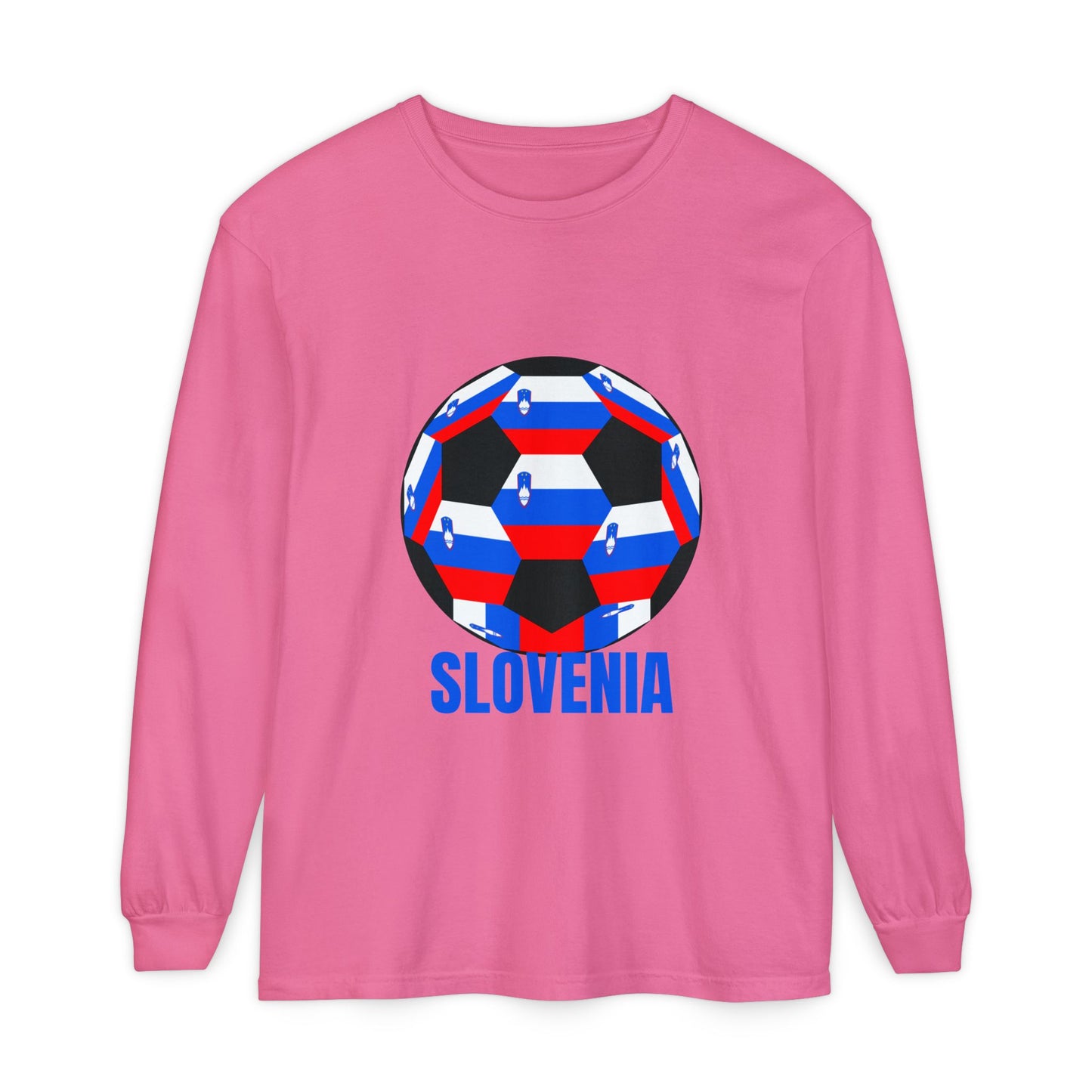Slovenia Fan Specialty Soccer Ball Design Long Sleeve T-Shirt Blue Text