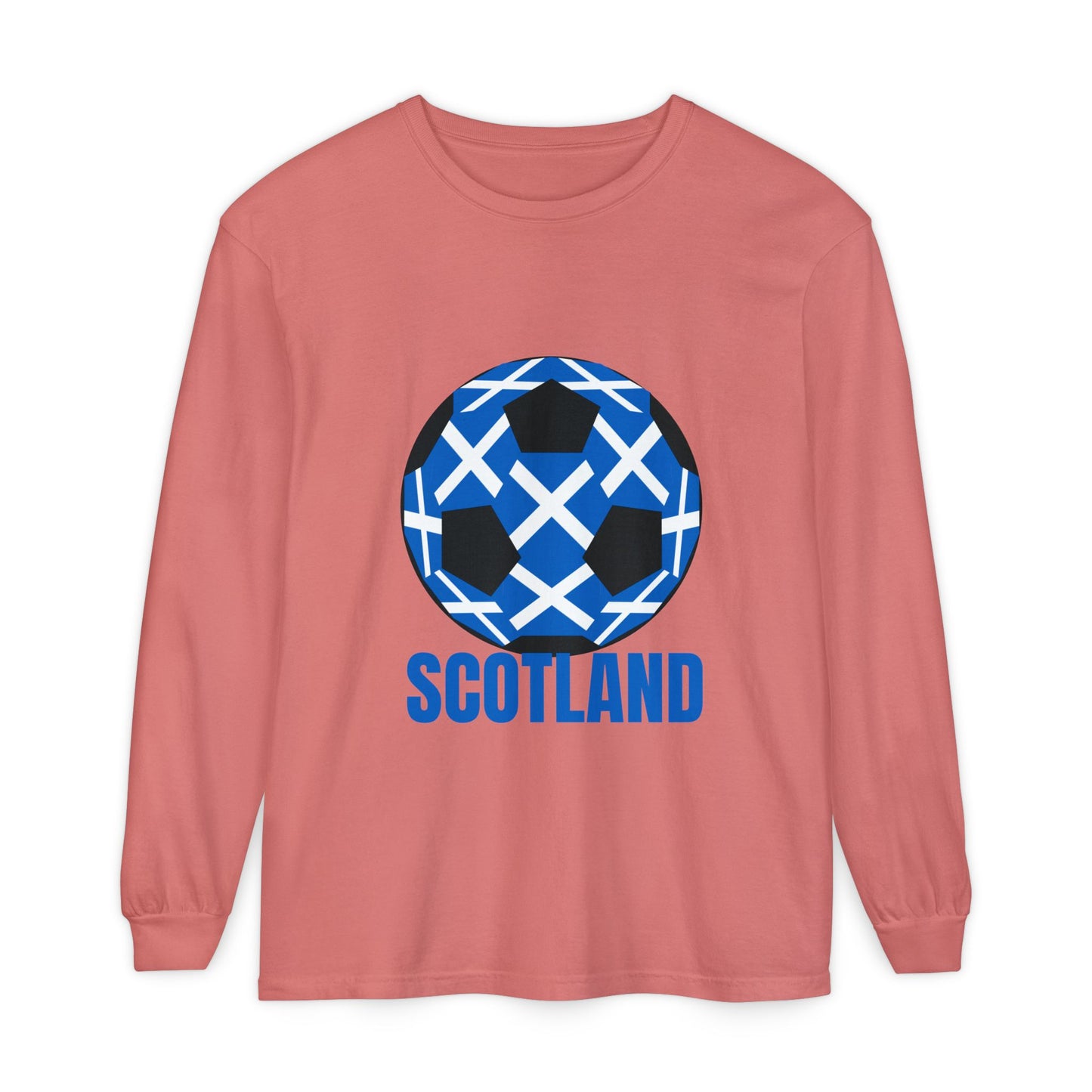 Scotland Fan Specialty Soccer Ball Design T Shirt Long Sleeve Tee Blue Text