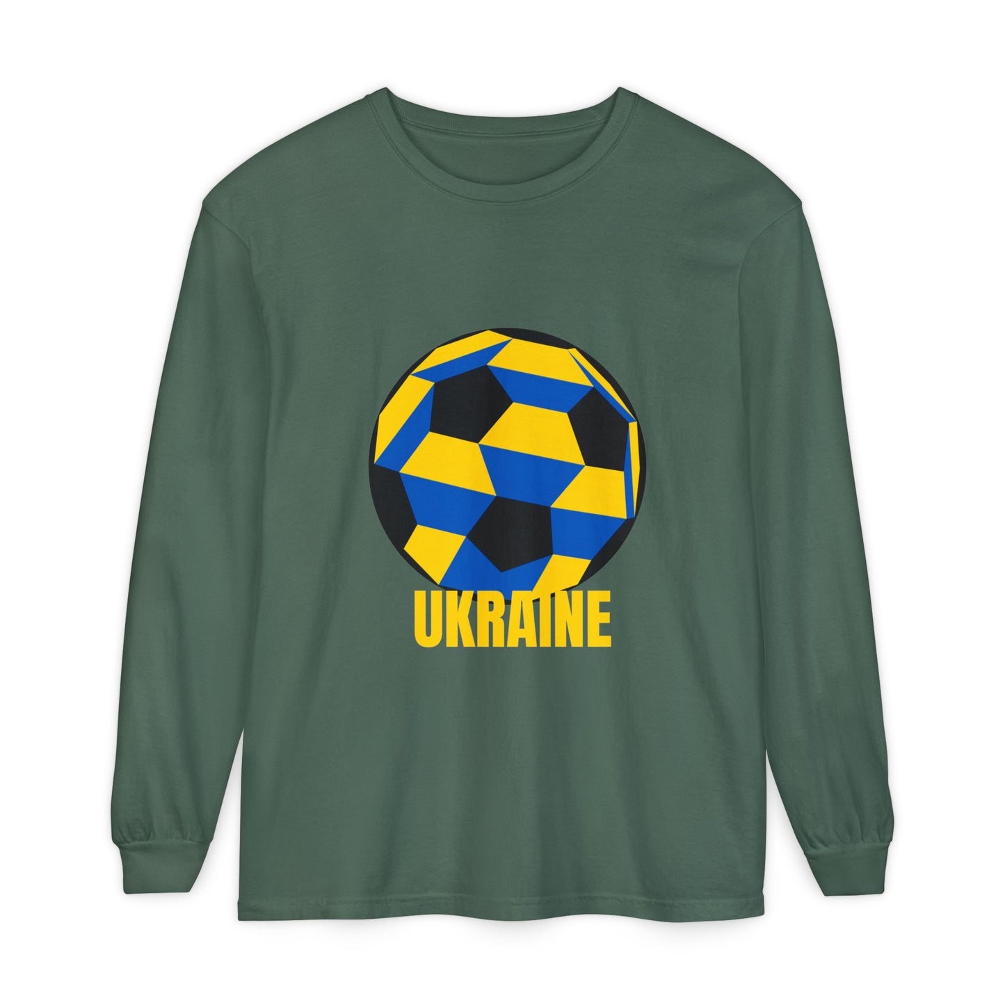 Ukraine Fan Specialty Soccer Ball Design Long Sleeve Tee Yellow Text