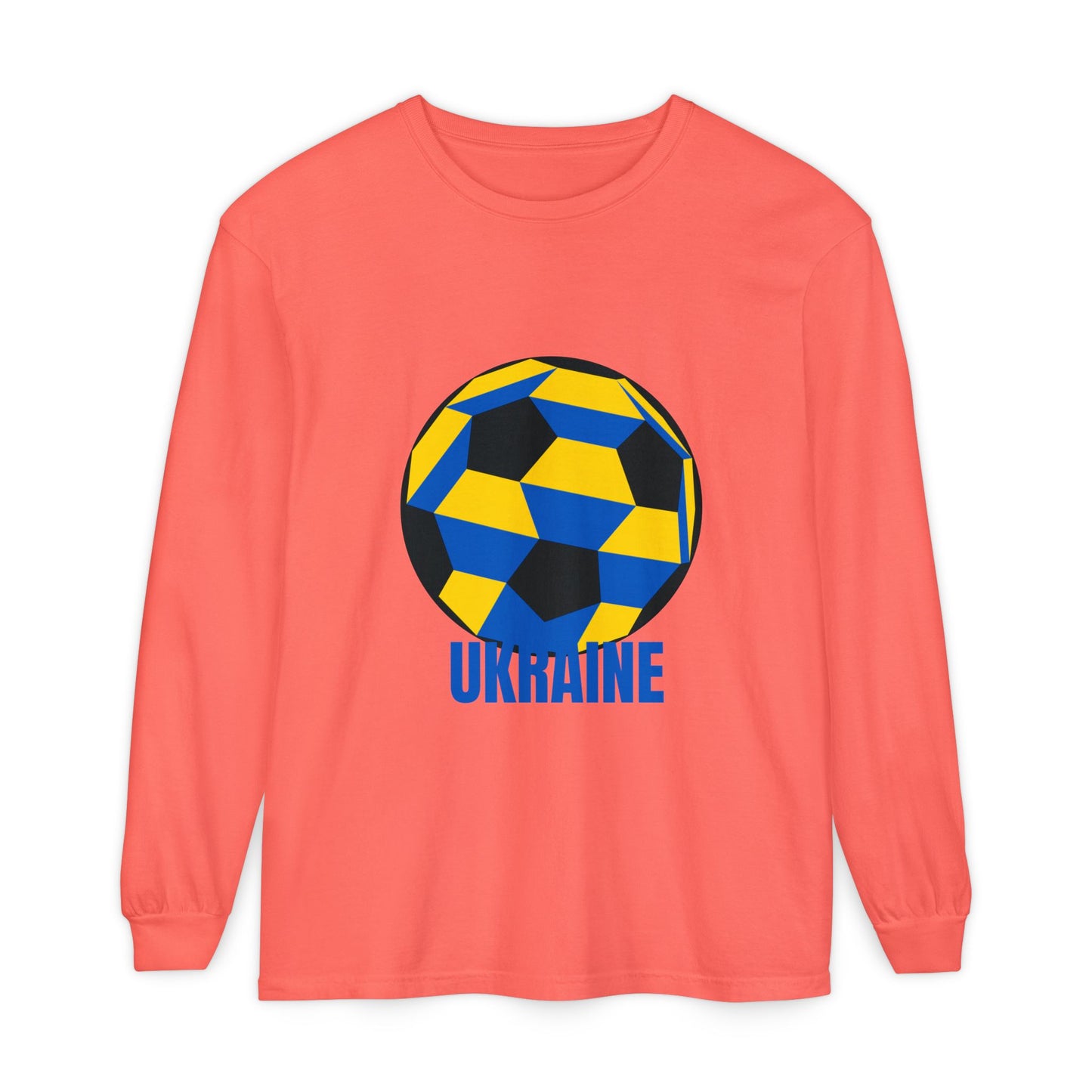 Ukraine Fan Specialty Soccer Ball Design Long Sleeve Tee Blue Text