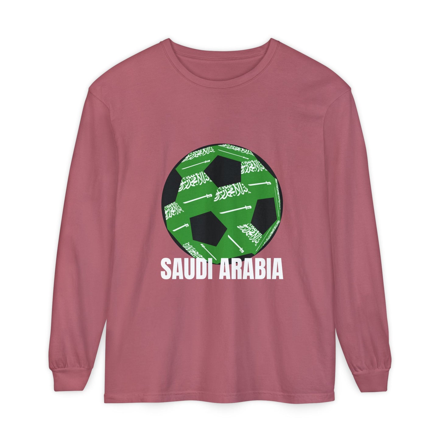 Saudi Arabia Fan Specialty Soccer Ball Design T Shirt Long Sleeve Tee White Text