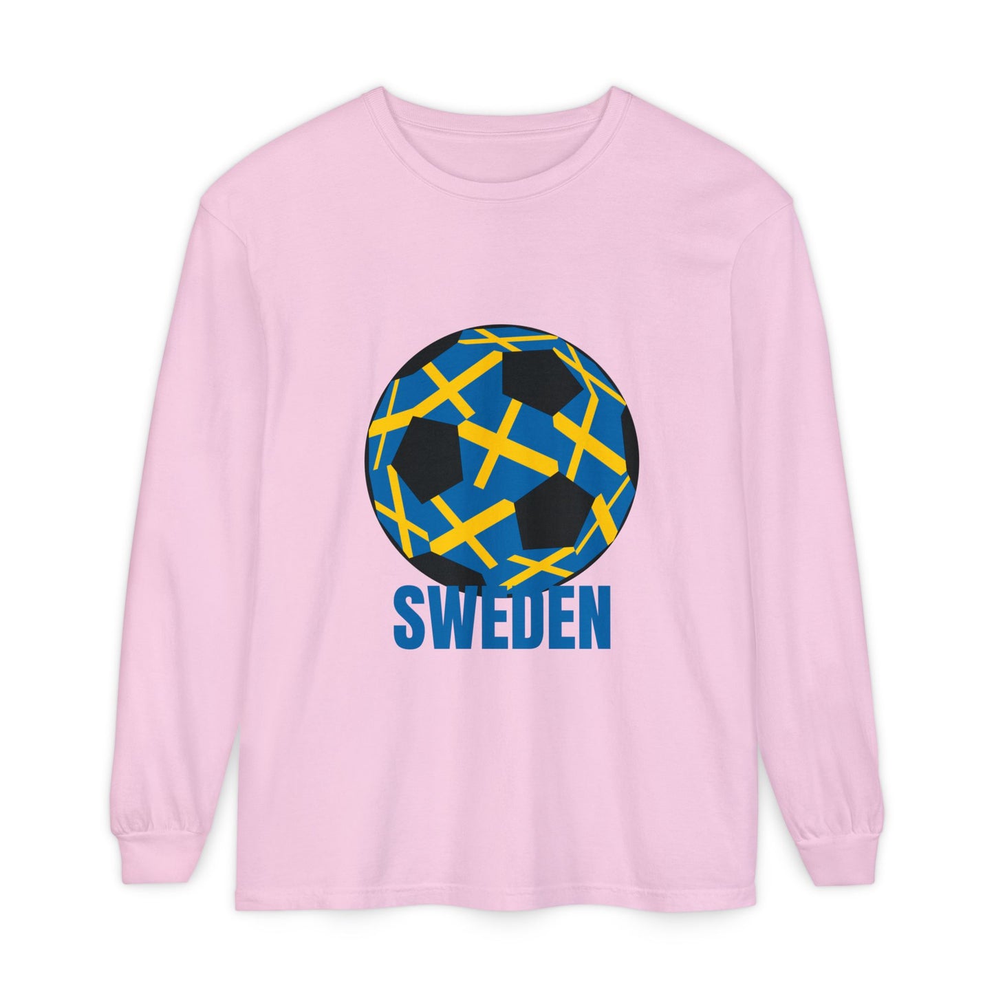 Sweden Fan Specialty Soccer Ball Design Long Sleeve Tee Blue Text
