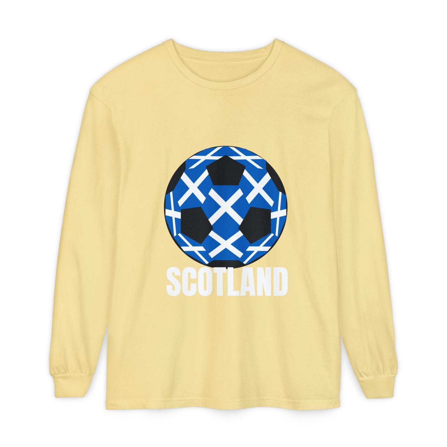 Scotland Fan Specialty Soccer Ball Design T Shirt Long Sleeve Tee White Text