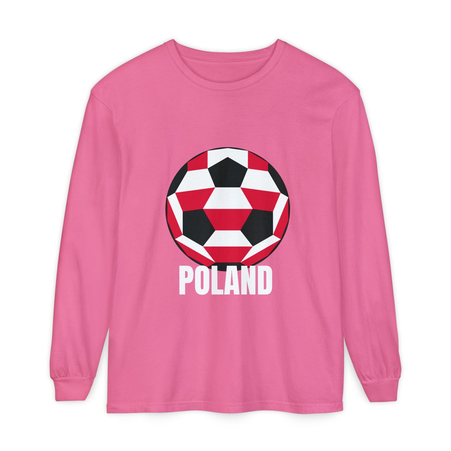 Poland Fan Specialty Soccer Ball Design T Shirt Long Sleeve Tee White Text