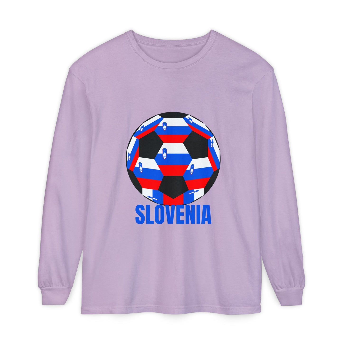 Slovenia Fan Specialty Soccer Ball Design Long Sleeve T-Shirt Blue Text