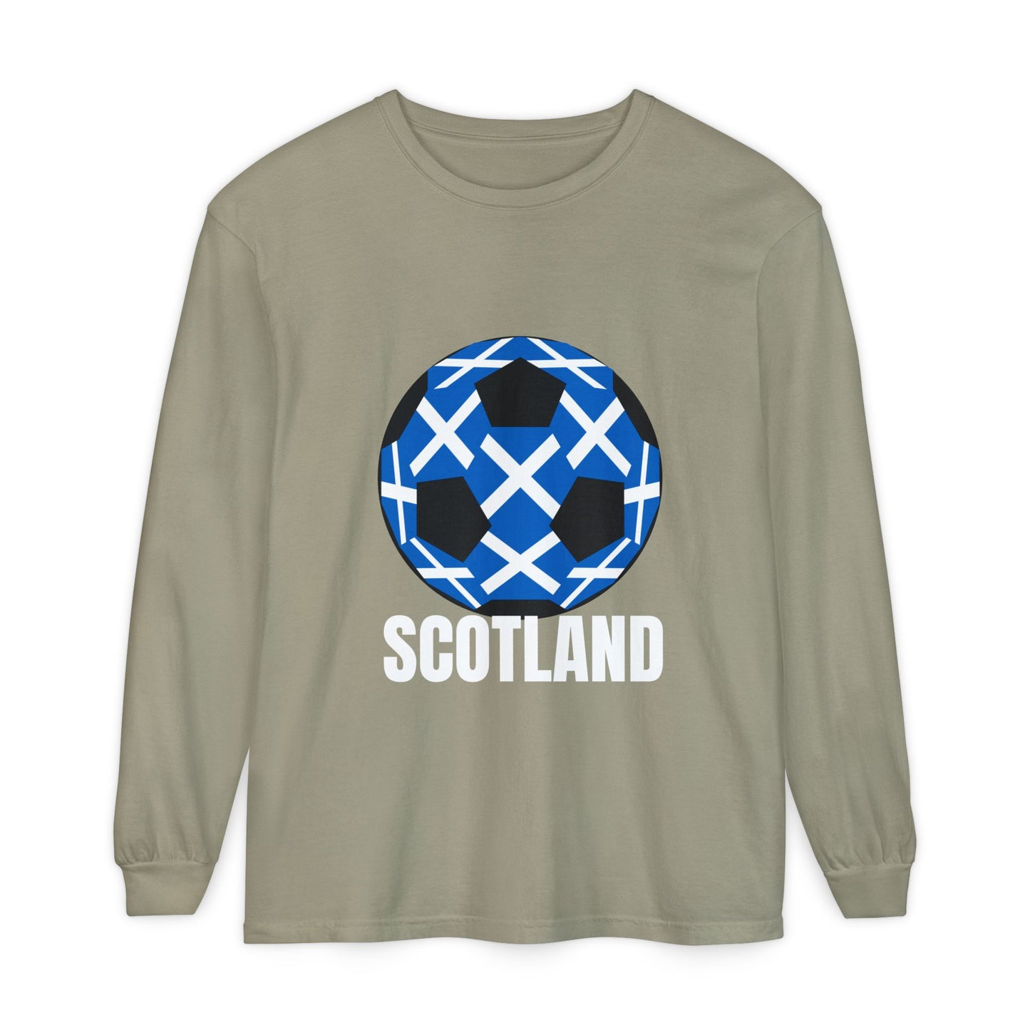 Scotland Fan Specialty Soccer Ball Design T Shirt Long Sleeve Tee White Text