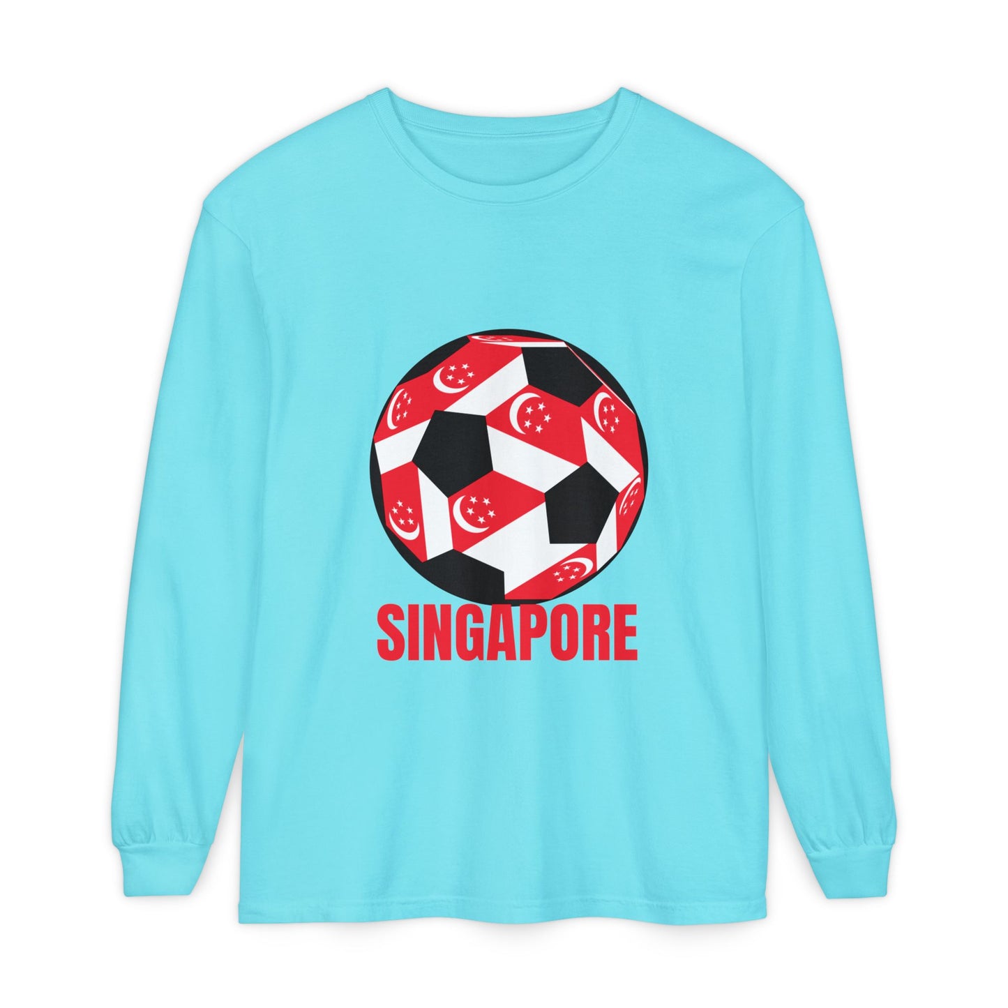 Singapore Fan Specialty Soccer Ball Design T ShirtLong Sleeve Tee Red Text