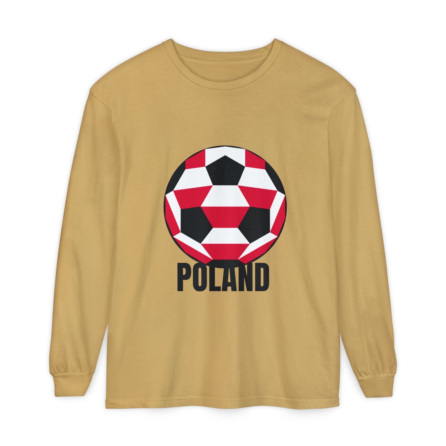 Poland Fan Specialty Soccer Ball Design T Shirt Long Sleeve Shirt Black Text