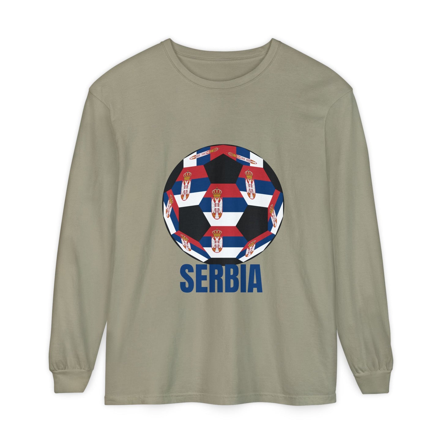 Serbia Fan Specialty Soccer Ball Design T Shirt Long Sleeve Shirt Blue Text