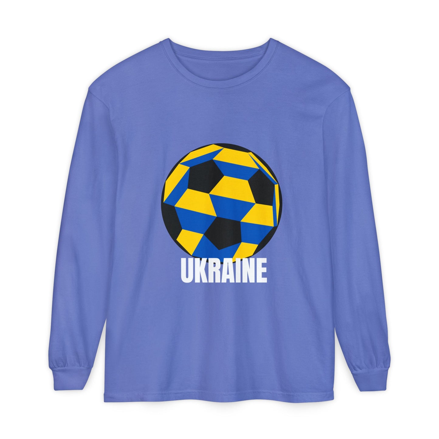Ukraine Fan Specialty Soccer Ball Design Long Sleeve Tee White Text