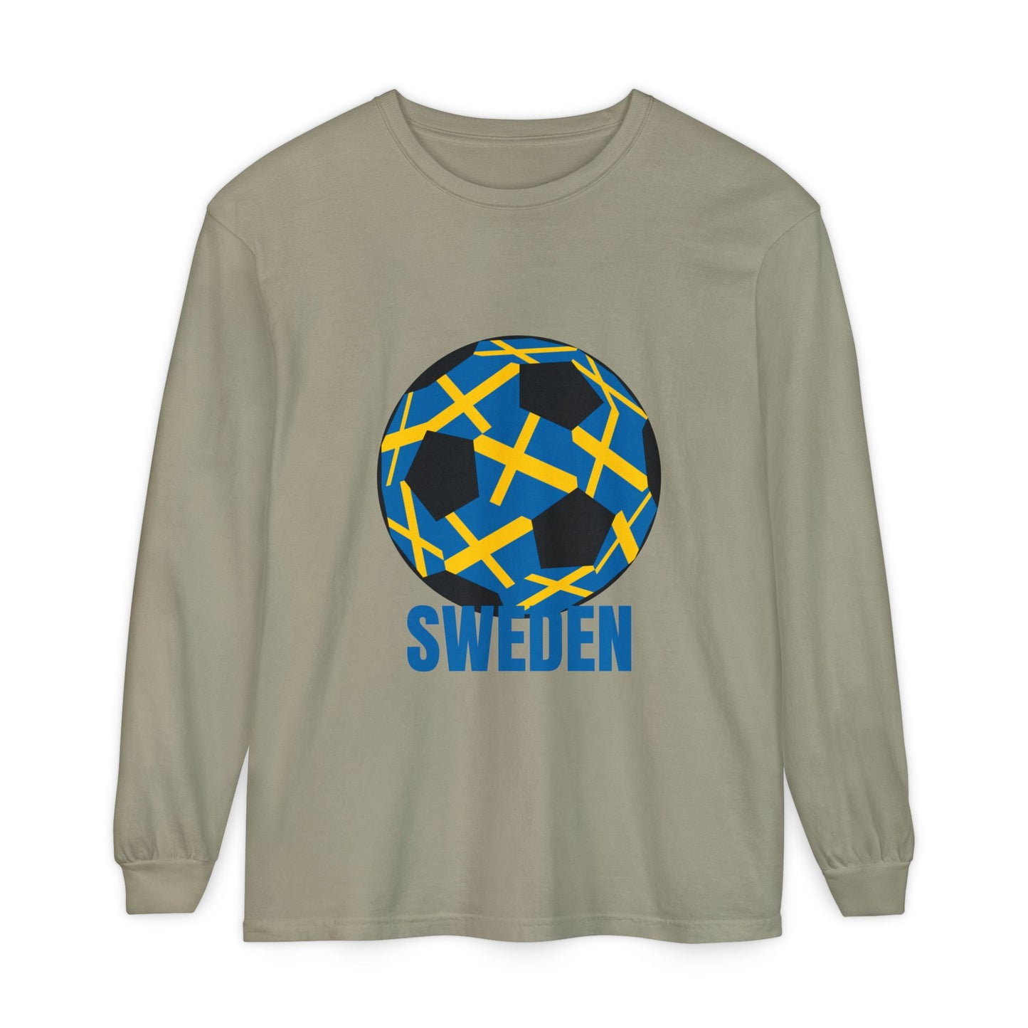 Sweden Fan Specialty Soccer Ball Design Long Sleeve Tee Blue Text