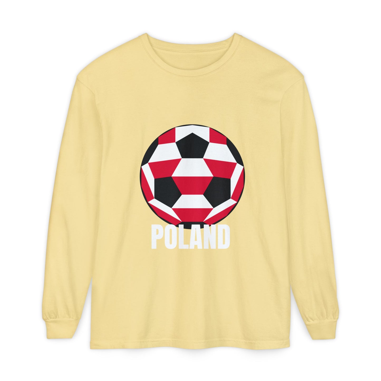 Poland Fan Specialty Soccer Ball Design T Shirt Long Sleeve Tee White Text