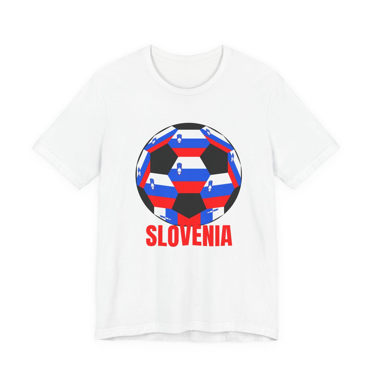 Slovenia Fan Specialty Soccer Ball Design T Shirt Red Text