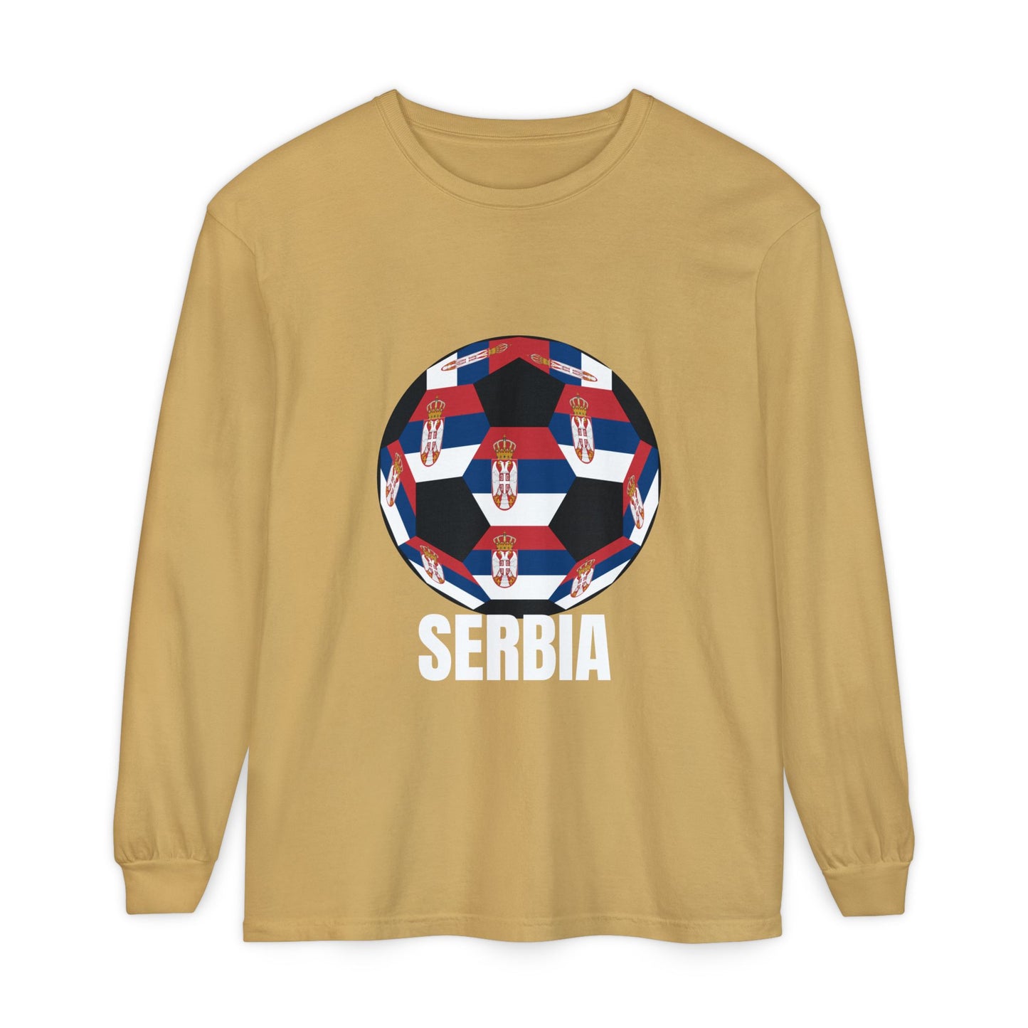 Serbia Fan Specialty Soccer Ball Design T Shirt Long Sleeve Tee White Text