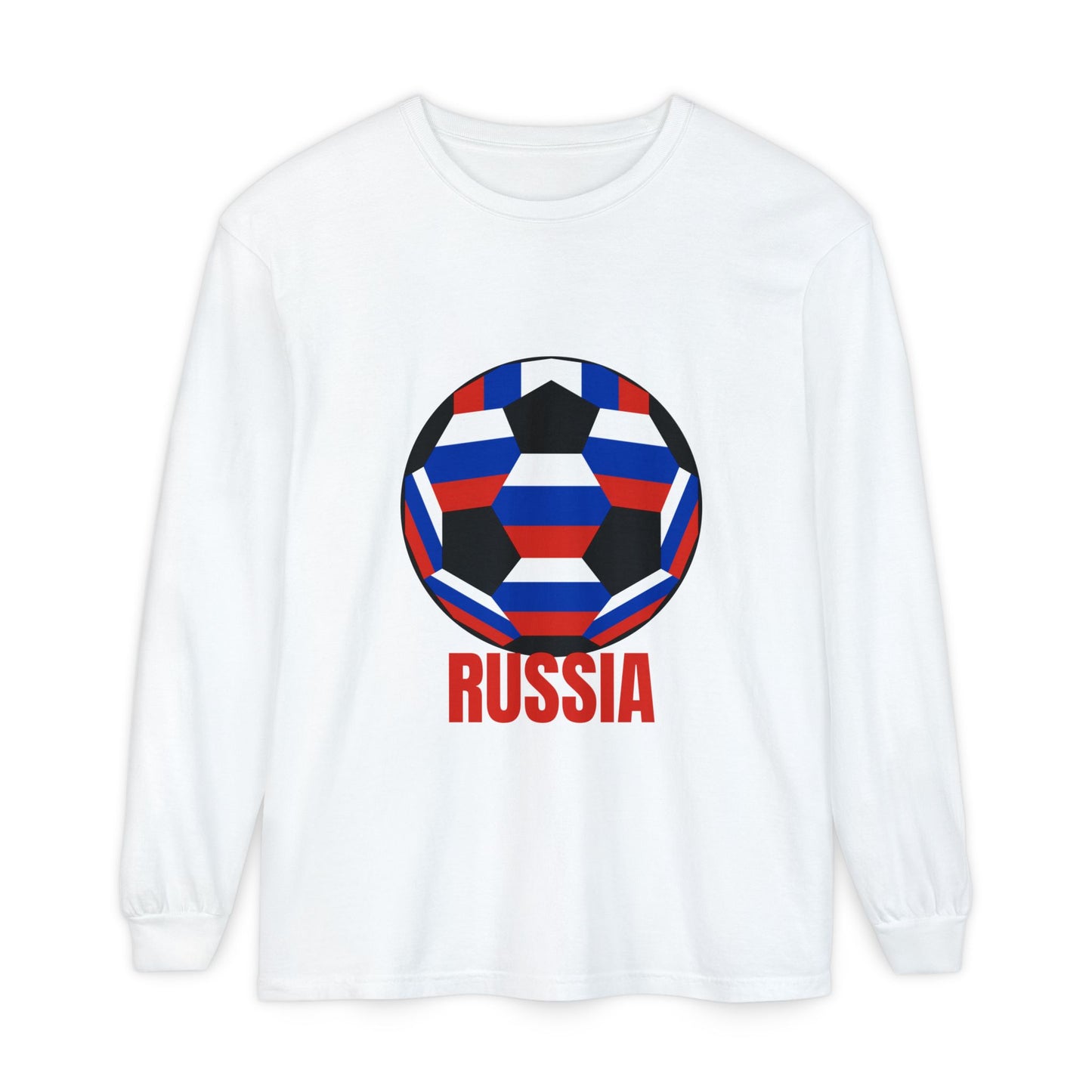 Russia Fan Specialty Soccer Ball Design T Shirt Long Sleeve T-Shirt Red Text