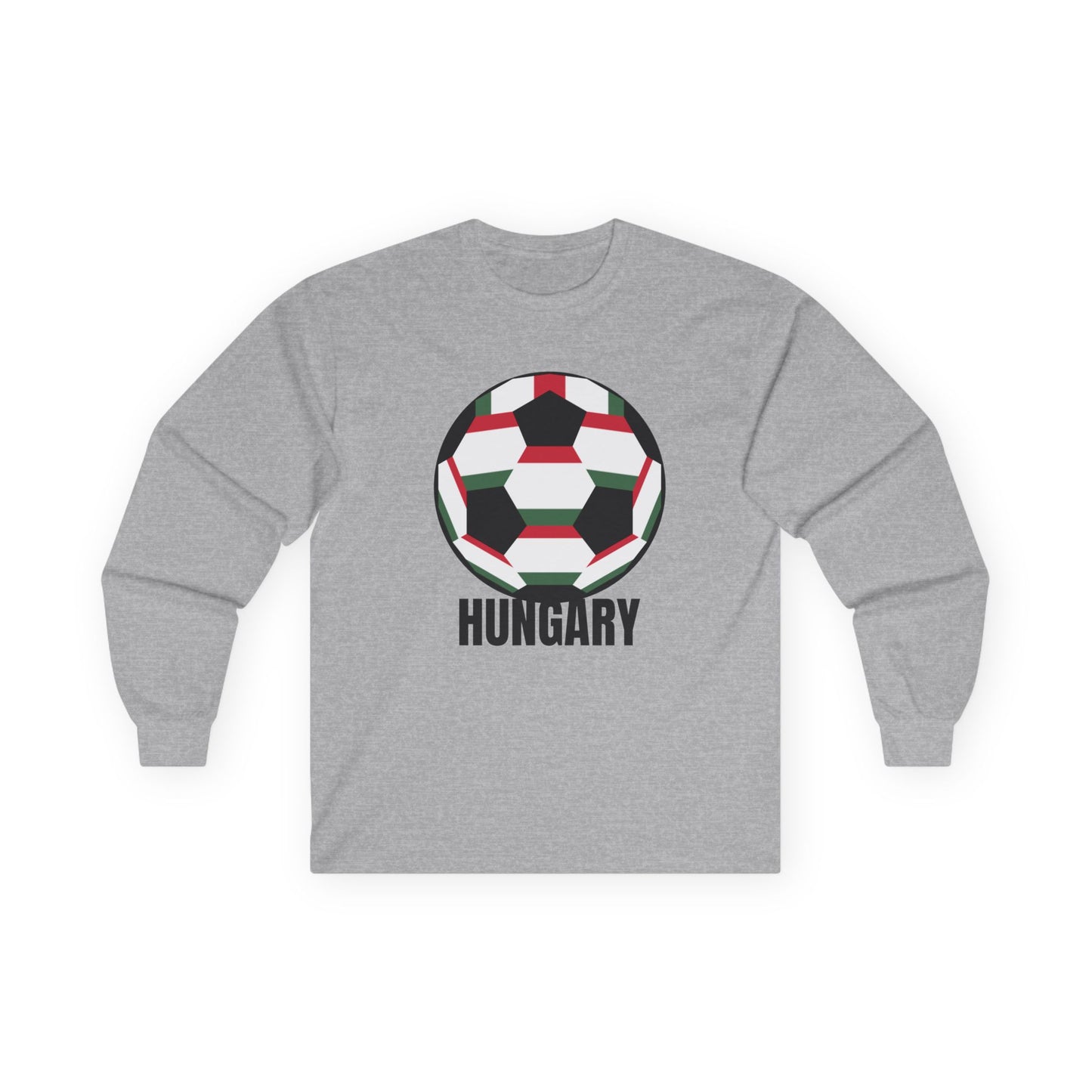 Hungary Fan Specialty Soccer Ball Design Long Sleeve T  Black Text