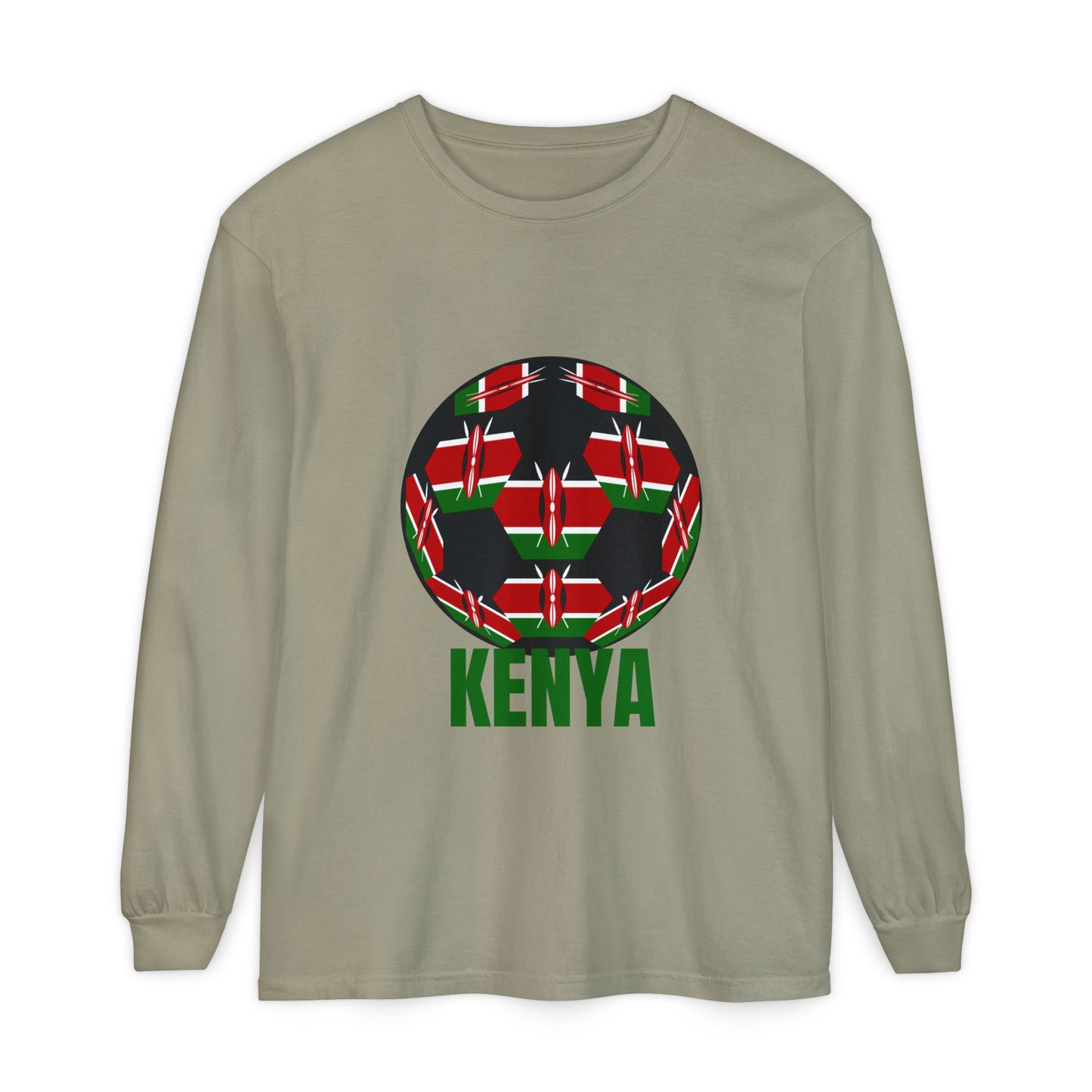 Kenya Fan Specialty Soccer Ball Design T Shirt Long Sleeve Tee Green Text