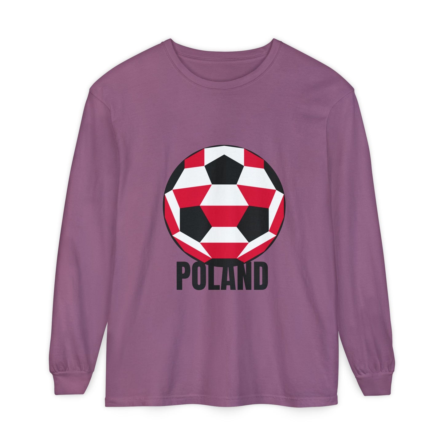 Poland Fan Specialty Soccer Ball Design T Shirt Long Sleeve Shirt Black Text