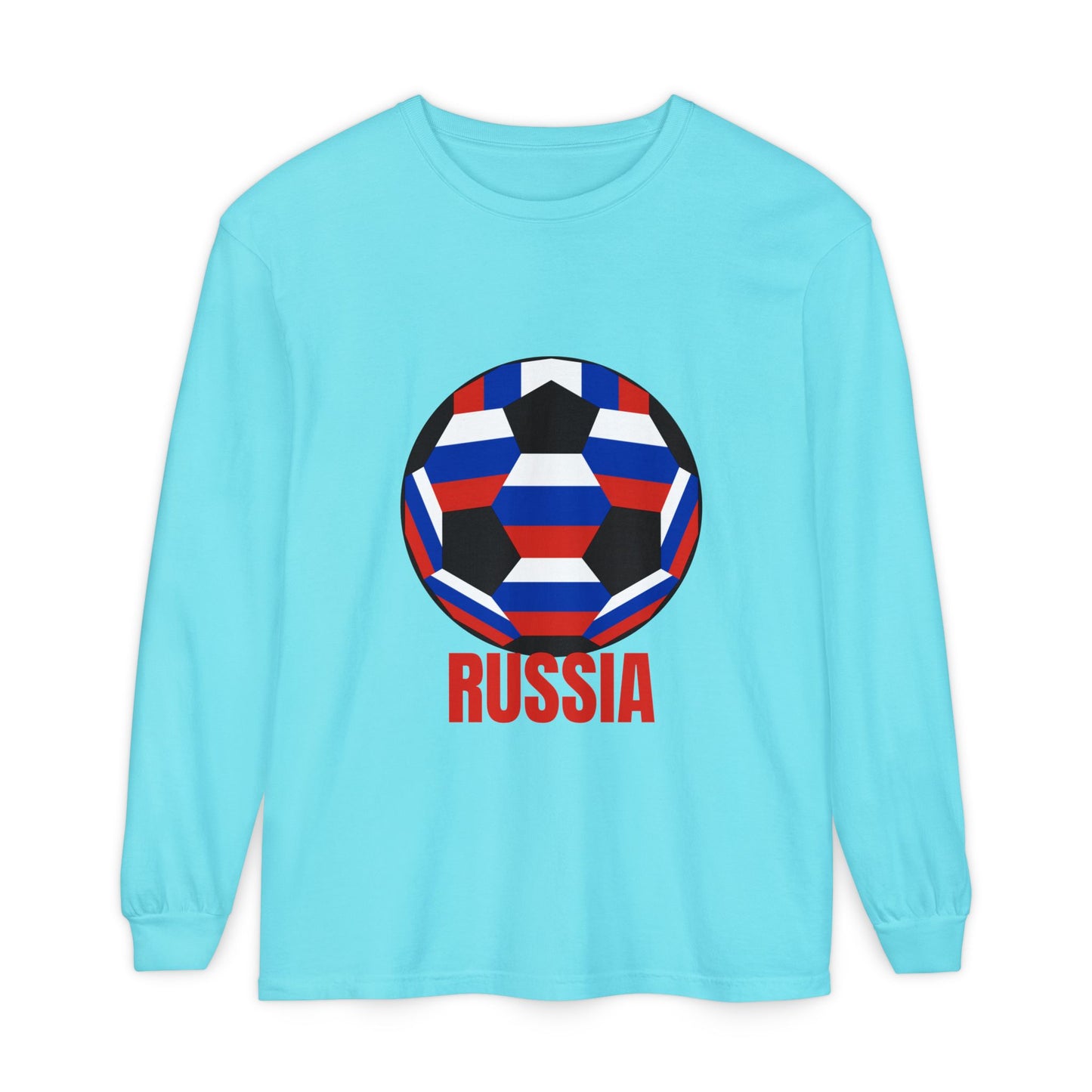 Russia Fan Specialty Soccer Ball Design T Shirt Long Sleeve T-Shirt Red Text