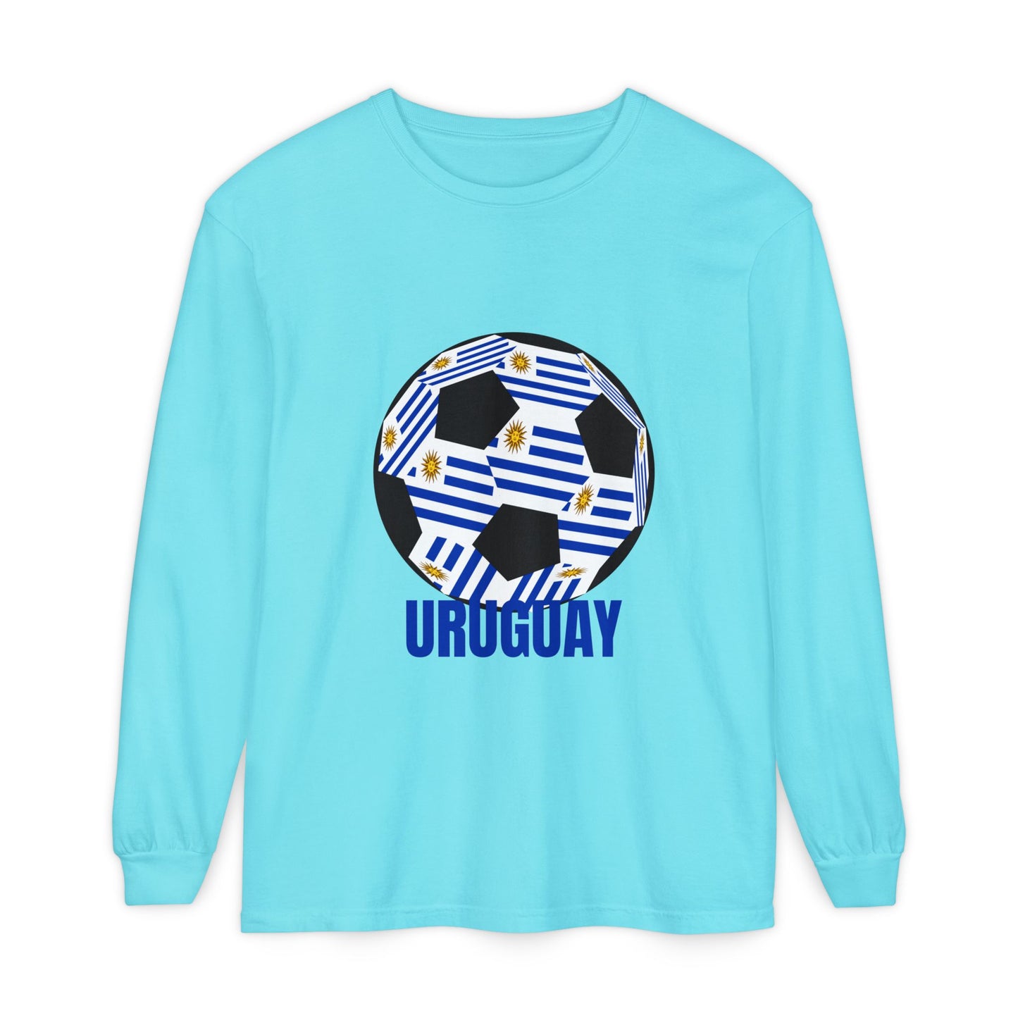 Uruguay Fan Specialty Soccer Ball Design Long Sleeve T-Shirt Blue Text