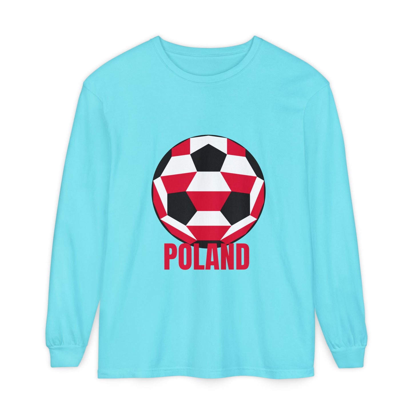 Poland Fan Specialty Soccer Ball Design T Shirt Long Sleeve T-Shirt Red Text