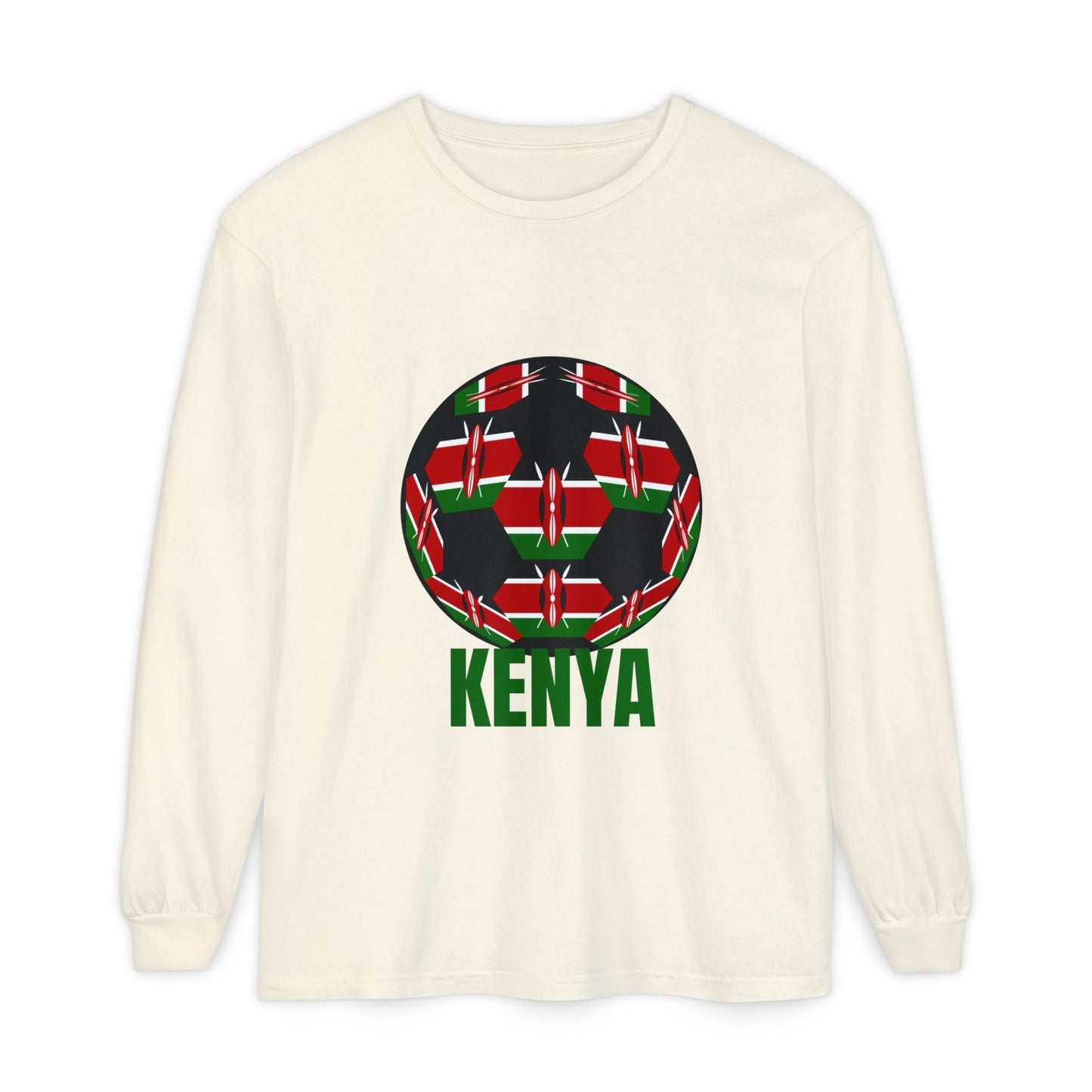 Kenya Fan Specialty Soccer Ball Design T Shirt Long Sleeve Tee Green Text