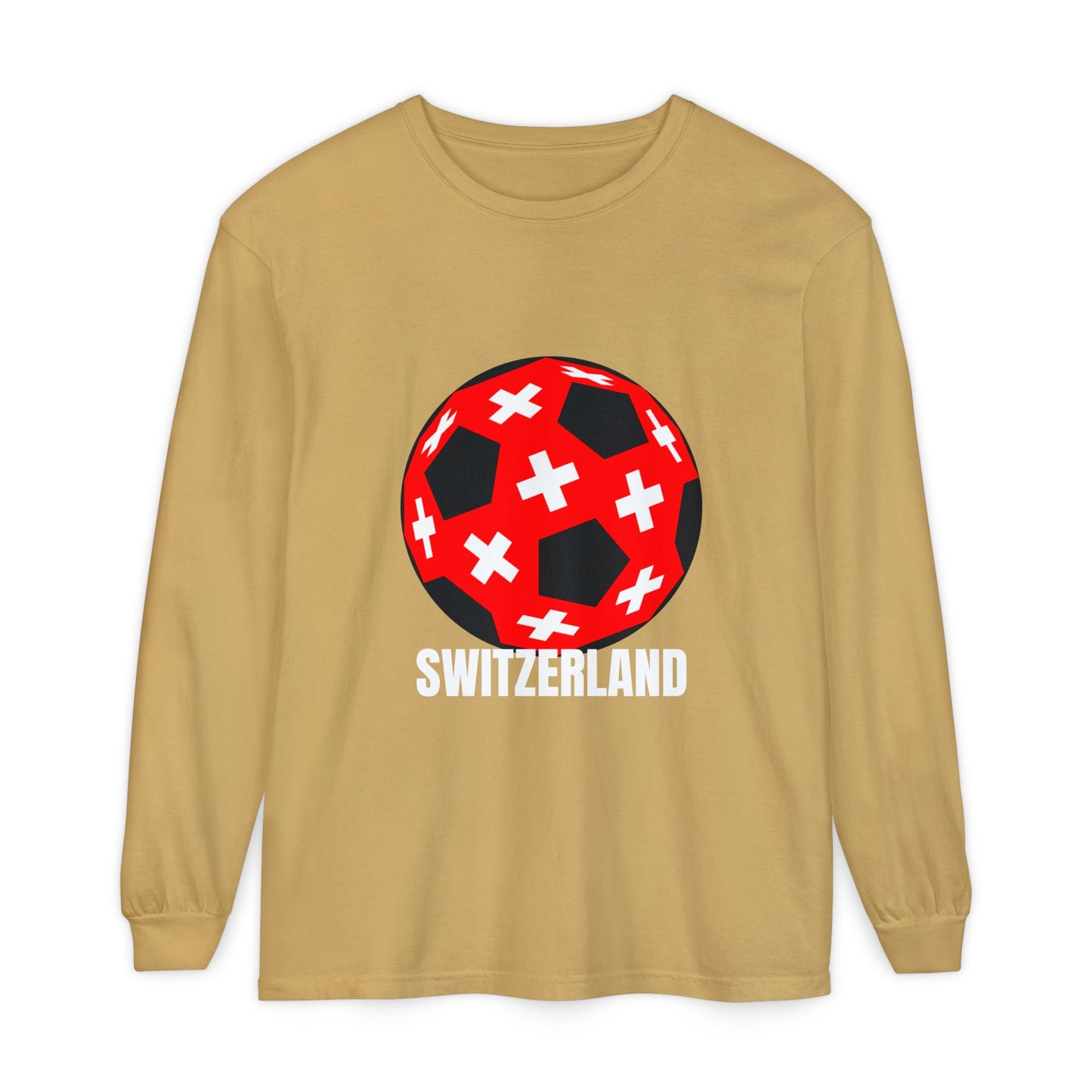 Switzerland Fan Specialty Soccer Ball Design T Shirt Long Sleeve Tee White Text