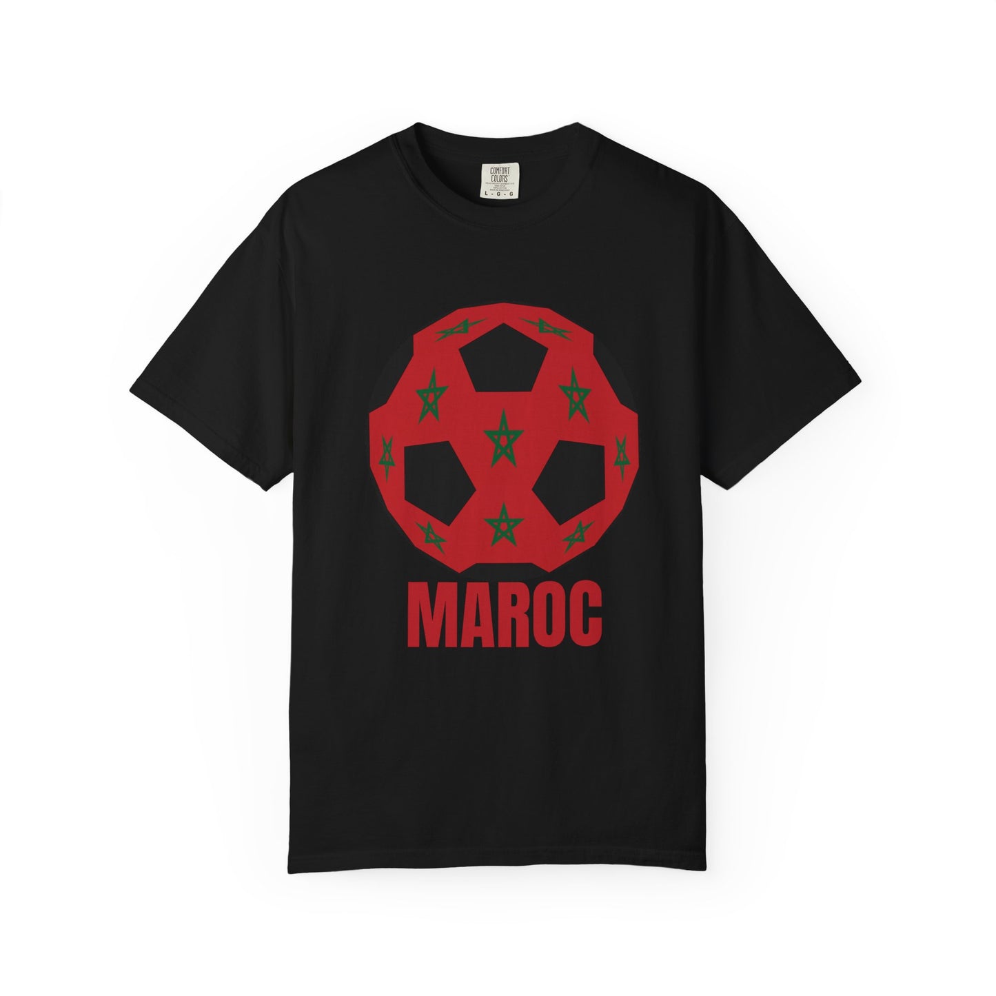Morocco Maroc Fan Specialty Soccer Ball Design T Shirt Red Text