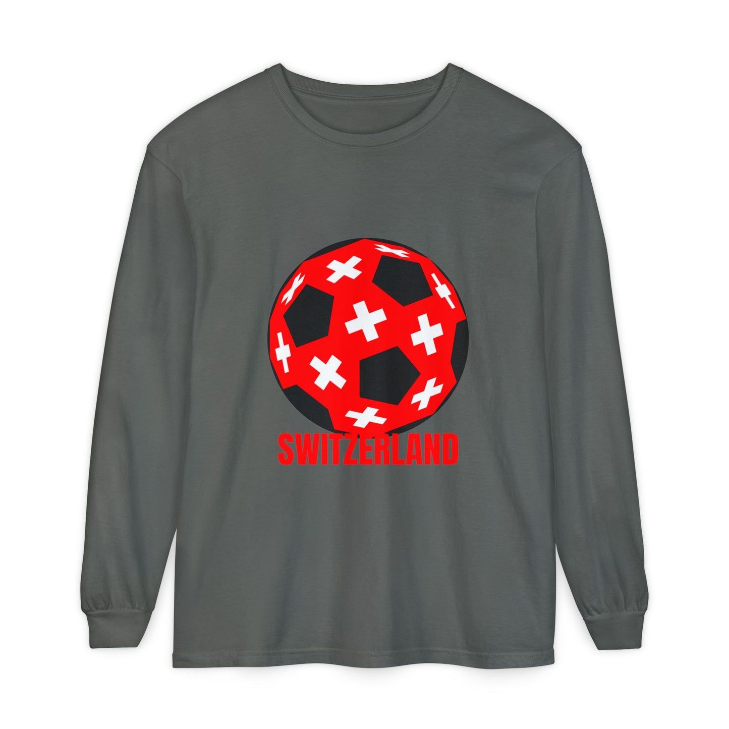 Switzerland Fan Specialty Soccer Ball Design T Shirt Long Sleeve Tee Red Text