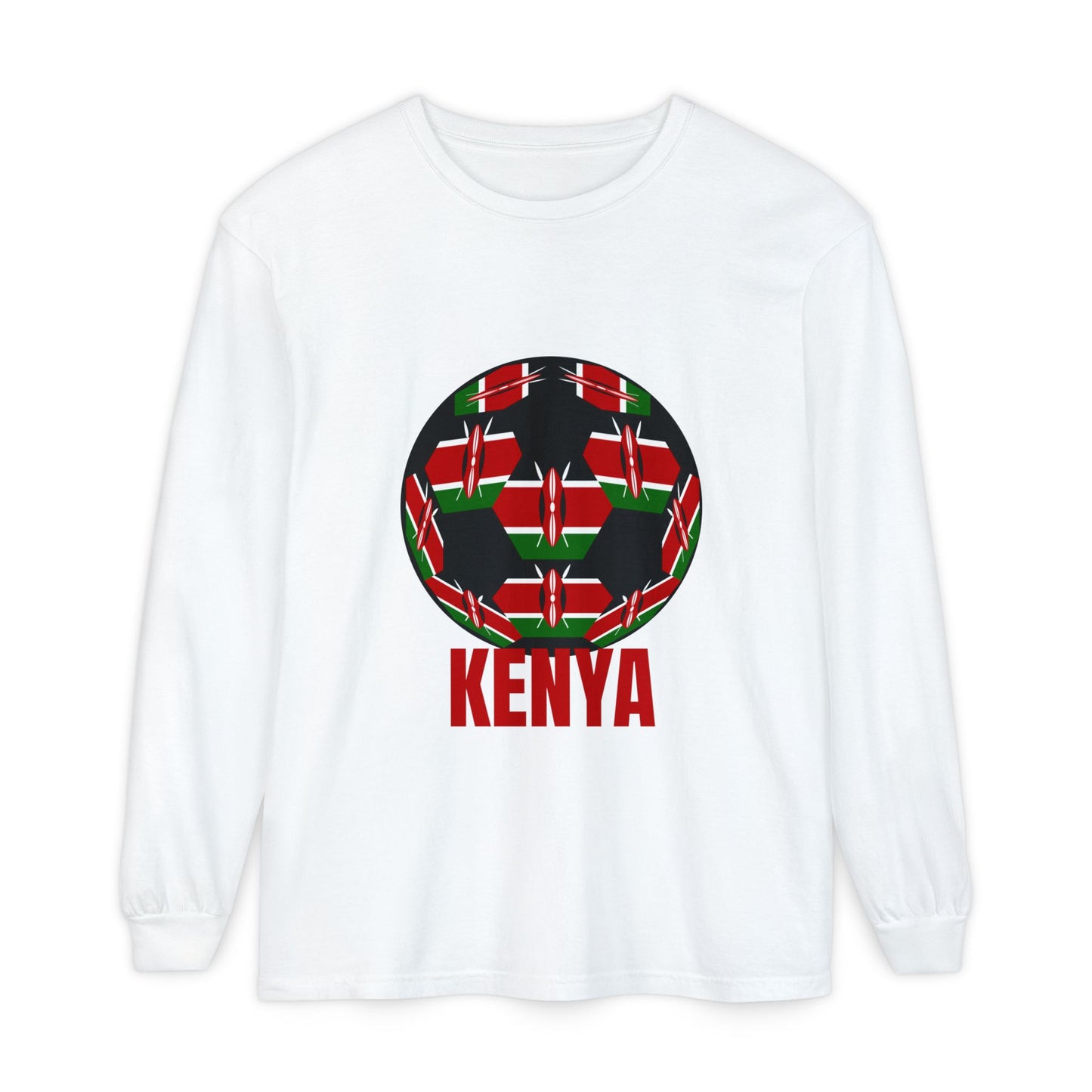 Kenya Fan Specialty Soccer Ball Design T Shirt Long Sleeve Red Text