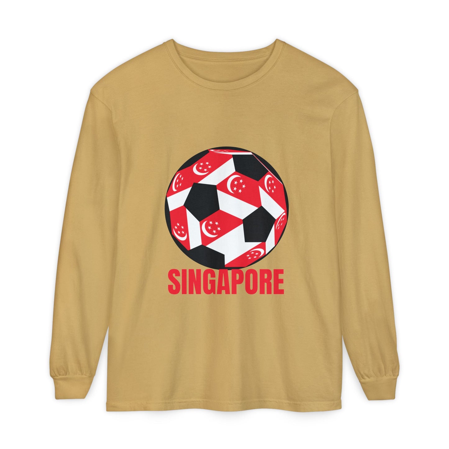 Singapore Fan Specialty Soccer Ball Design T ShirtLong Sleeve Tee Red Text