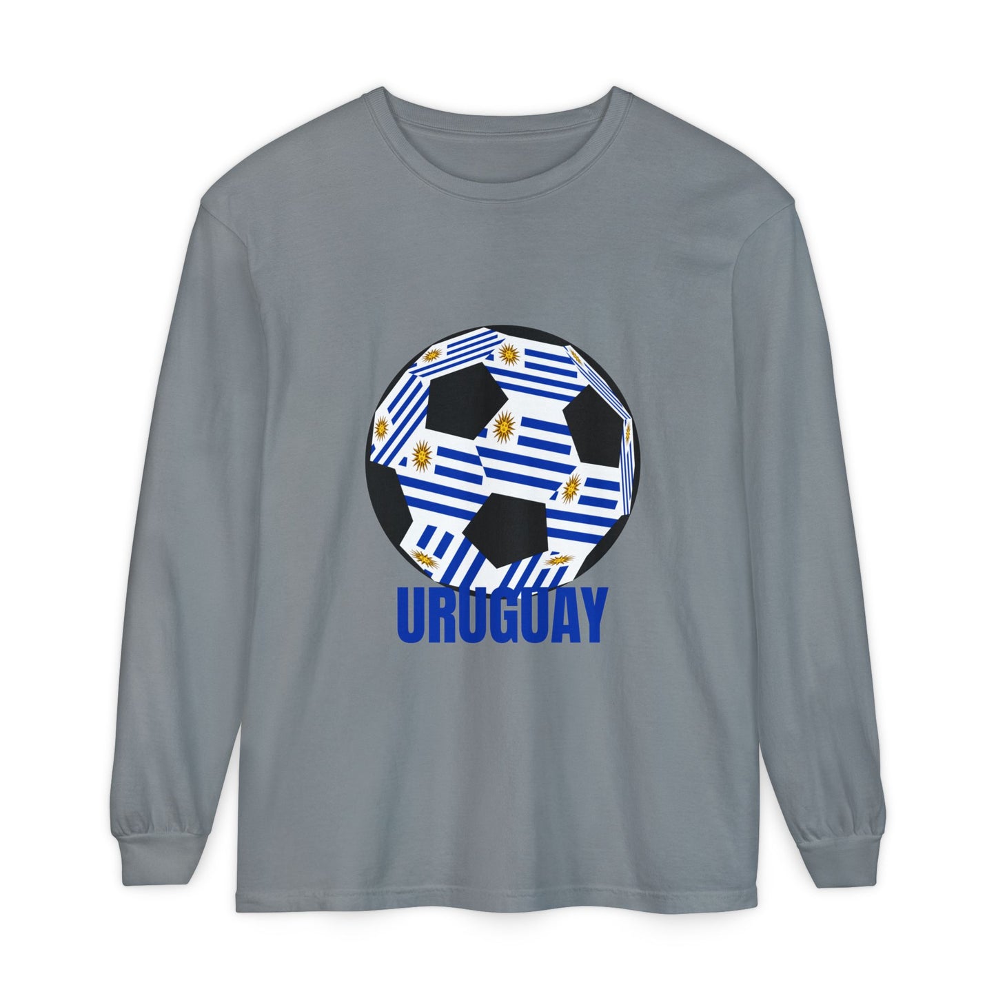 Uruguay Fan Specialty Soccer Ball Design Long Sleeve T-Shirt Blue Text