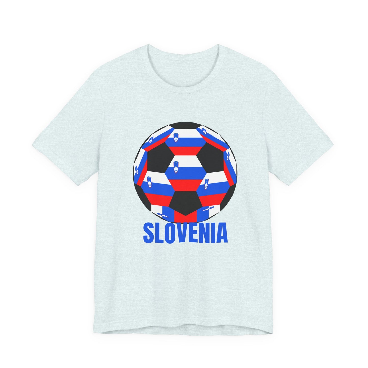 Slovenia Fan Specialty Soccer Ball Design T Shirt Blue Text