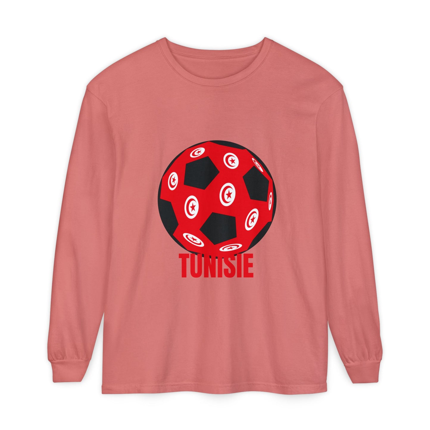 Tunisie Fan Specialty Soccer Ball Design T Shirt Long Sleeve Tee Red Text