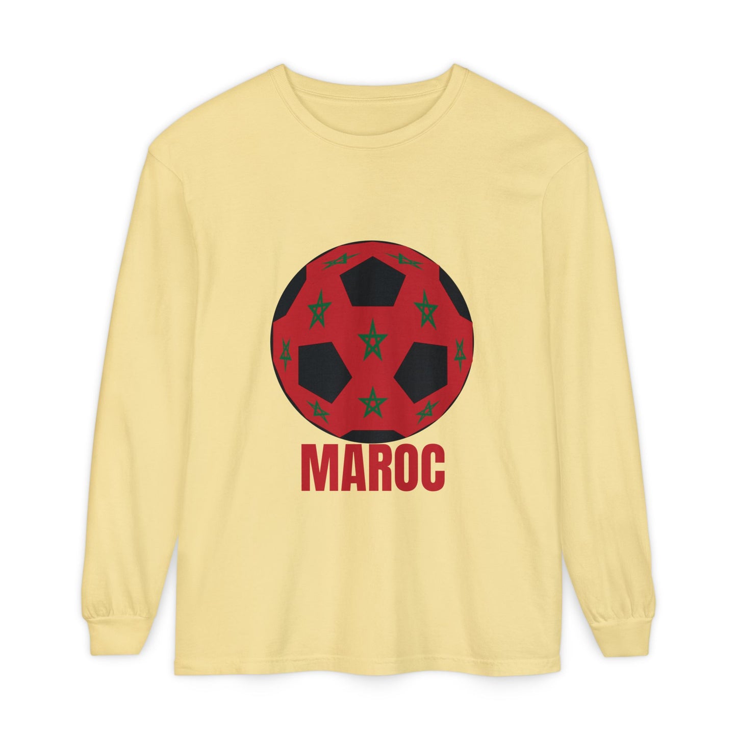 Morocco Maroc Fan Specialty Soccer Ball Design T Shirt Long Sleeve Tee Red Print