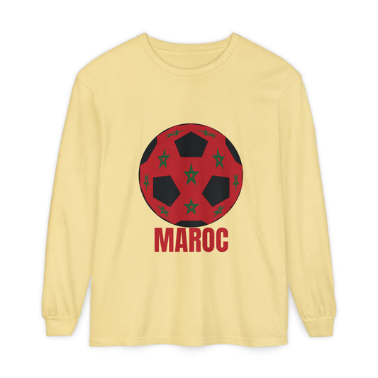 Morocco Maroc Fan Specialty Soccer Ball Design T Shirt Long Sleeve Tee Red Print