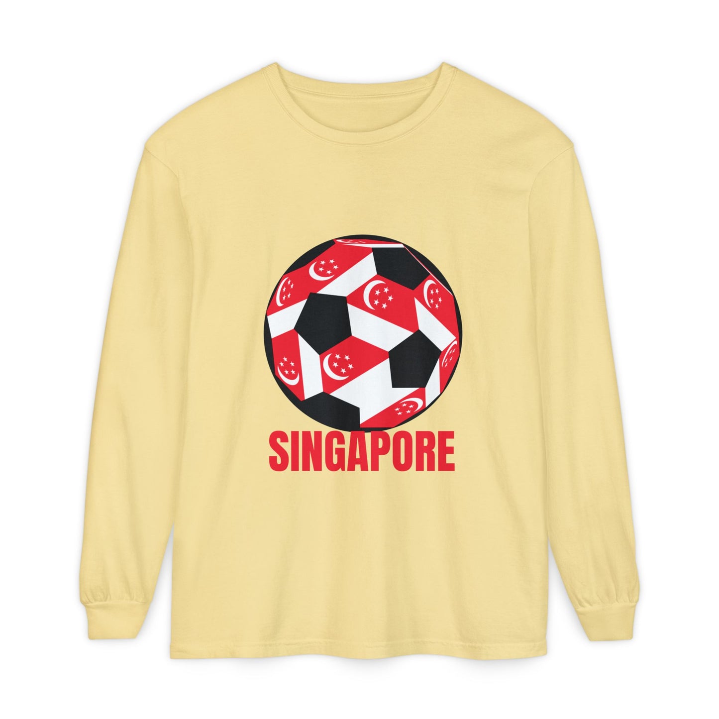 Singapore Fan Specialty Soccer Ball Design T ShirtLong Sleeve Tee Red Text
