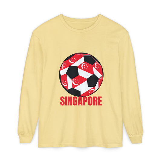 Singapore Fan Specialty Soccer Ball Design T ShirtLong Sleeve Tee Red Text
